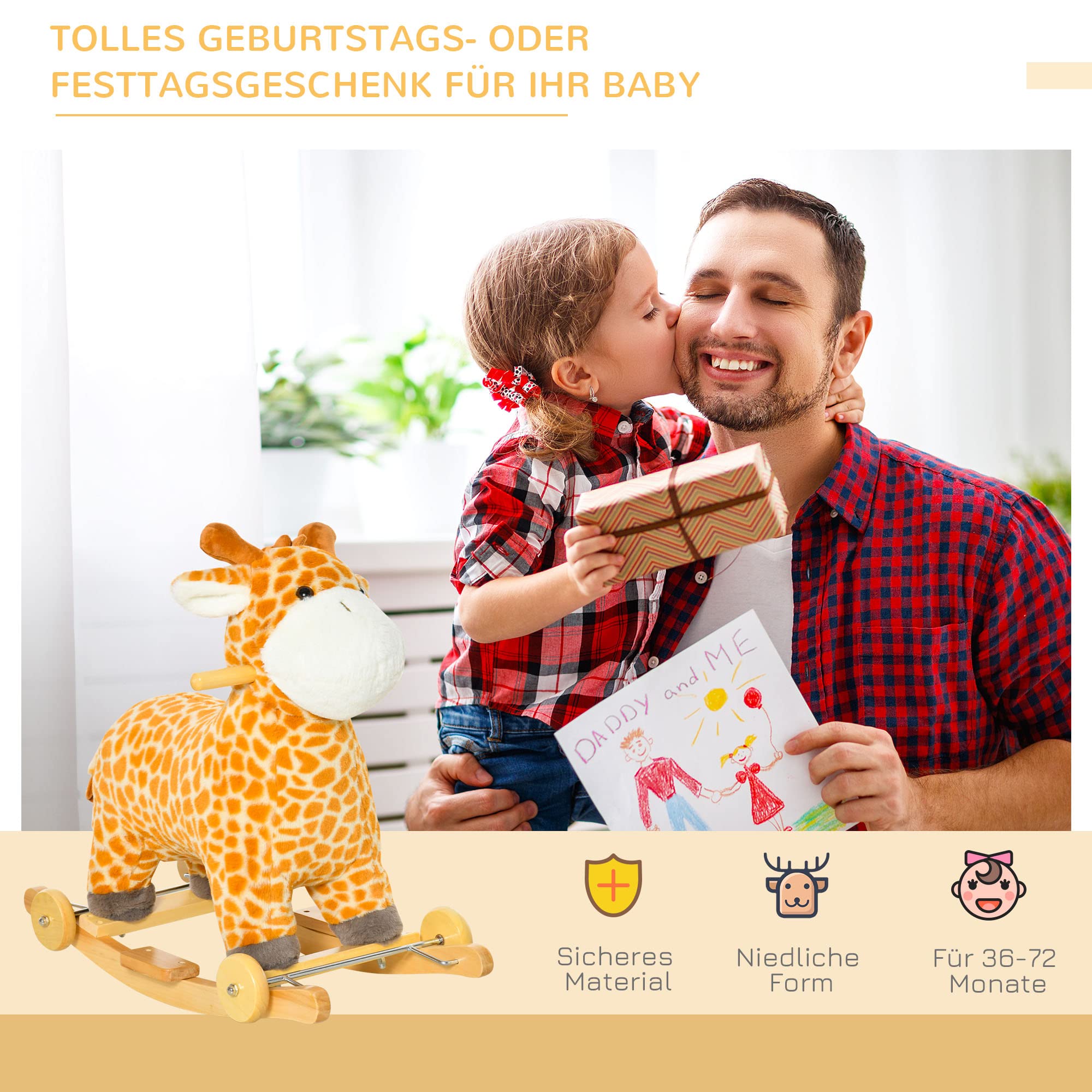 HOMCOM 2-IN-1 Schaukelpferd mit Räder Plüsch Schaukeltier Babyschaukel Spielzeug Gelb 63 x 38 x 63 cm