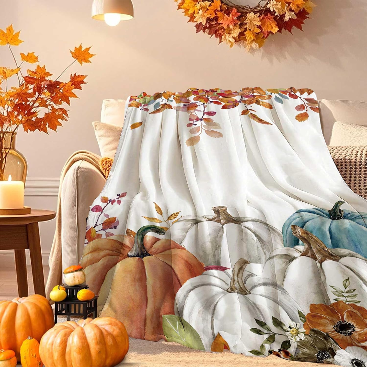 Fall Pumpkins Throw Blanket, Thanksgiving Autumn Maple Leaves Watercolor Blanket for Bed Sofa Travel and Camping, Super Soft Cozy Fluffy Plush Blanket for All Seasons, 50" x 60" - Image 3