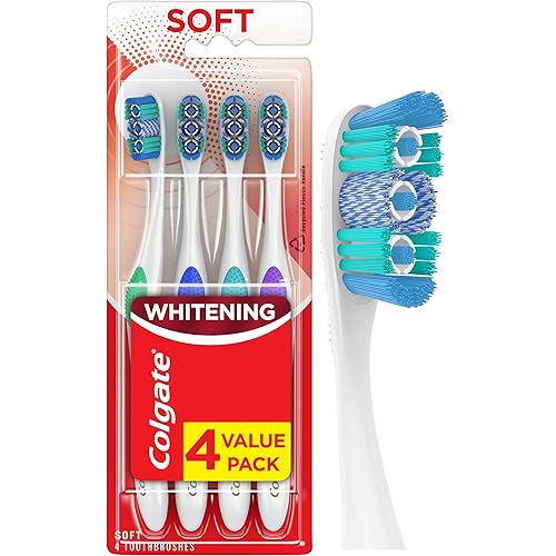 Colgate 360 Optic White Whitening Toothbrush, Adult Soft Toothbrush with Whitening Cups, Helps Whiten Teeth and Removes Odor Causing Bacteria, 4 Pack