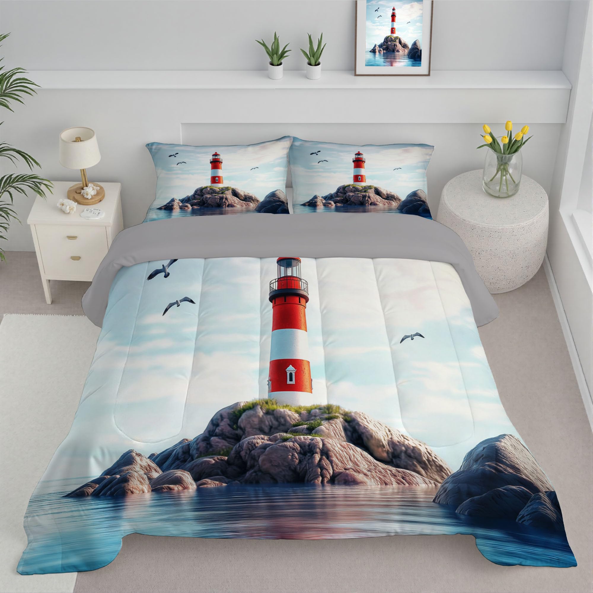 Couette 260x230 cm Île du Phare réversible avec taies d'oreiller bleu ciel