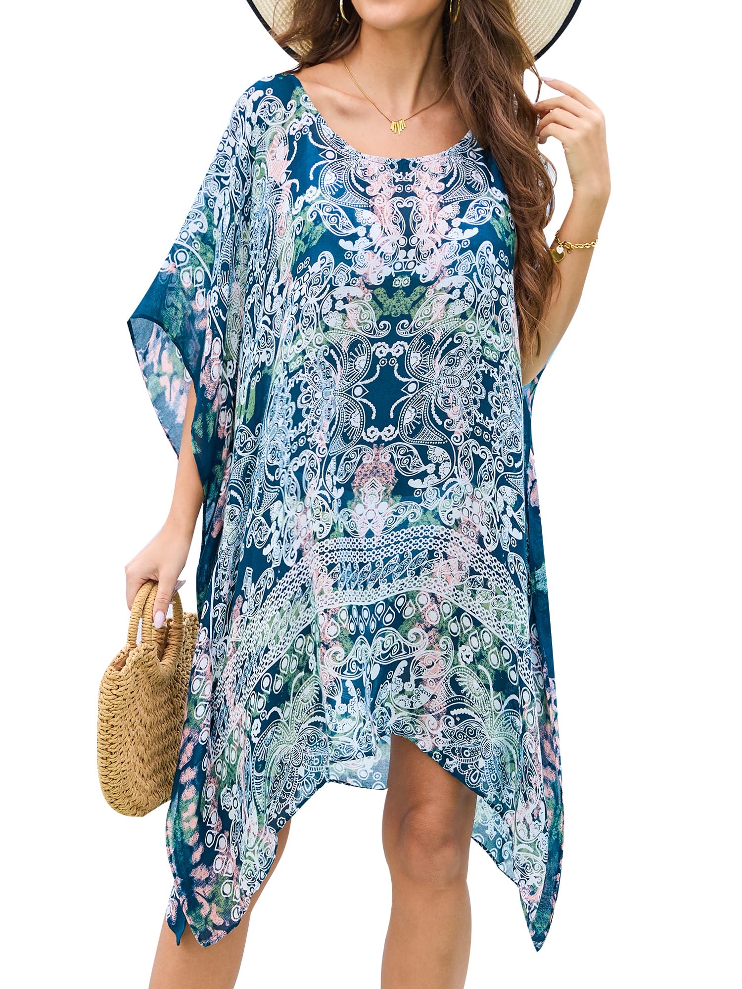Women's Beach Kaftan Dresses Kimono Swimsuit Cover up for Bathing Suit with Floral Pattern