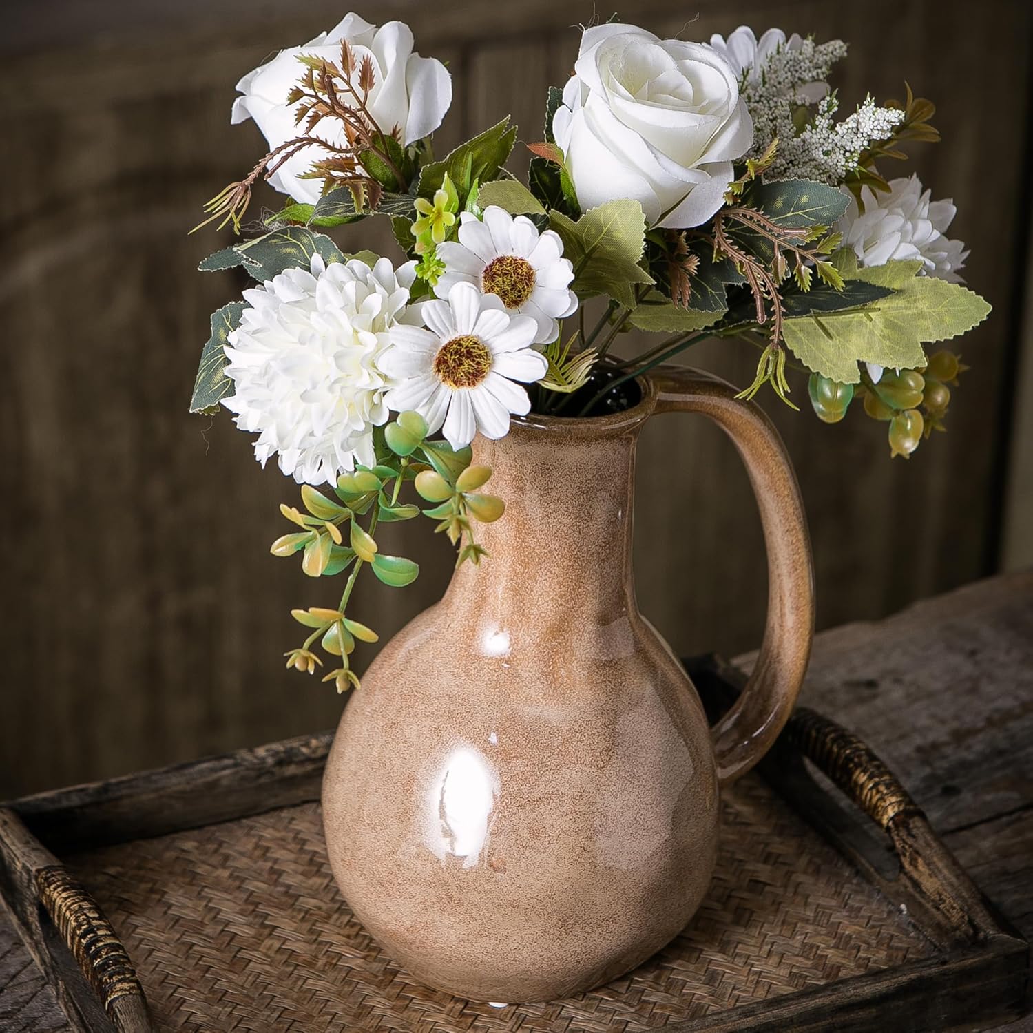 Brown Ceramic Vase with Big Handles, Modern Farmhouse Decor, Rustic Pottery for Flowers, Decorative Terracotta Centerpiece for Dining Table - Image 3