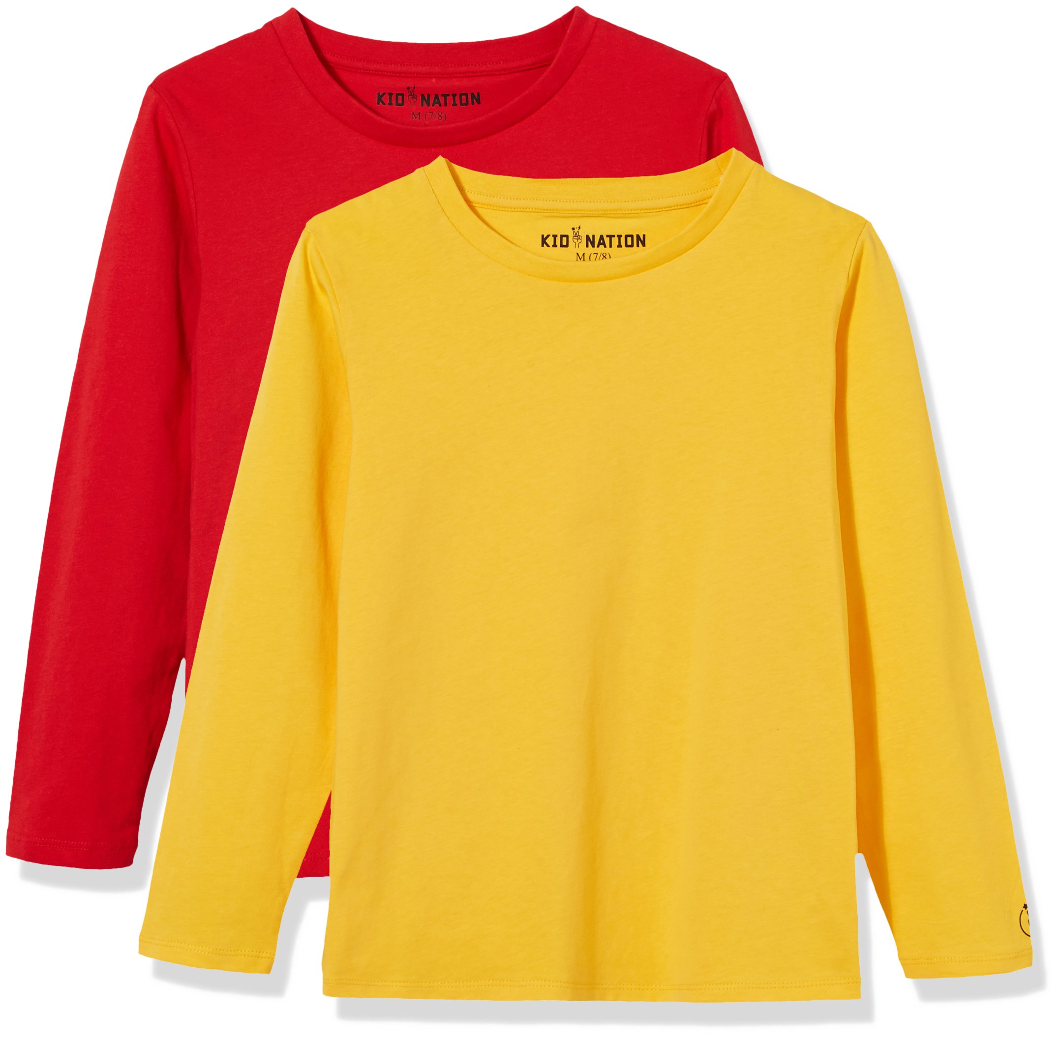 Kids 2 Packs 100% Cotton Tagless Long Sleeve Crewneck T Shirt Top for Boys or Girls 4-12 Years