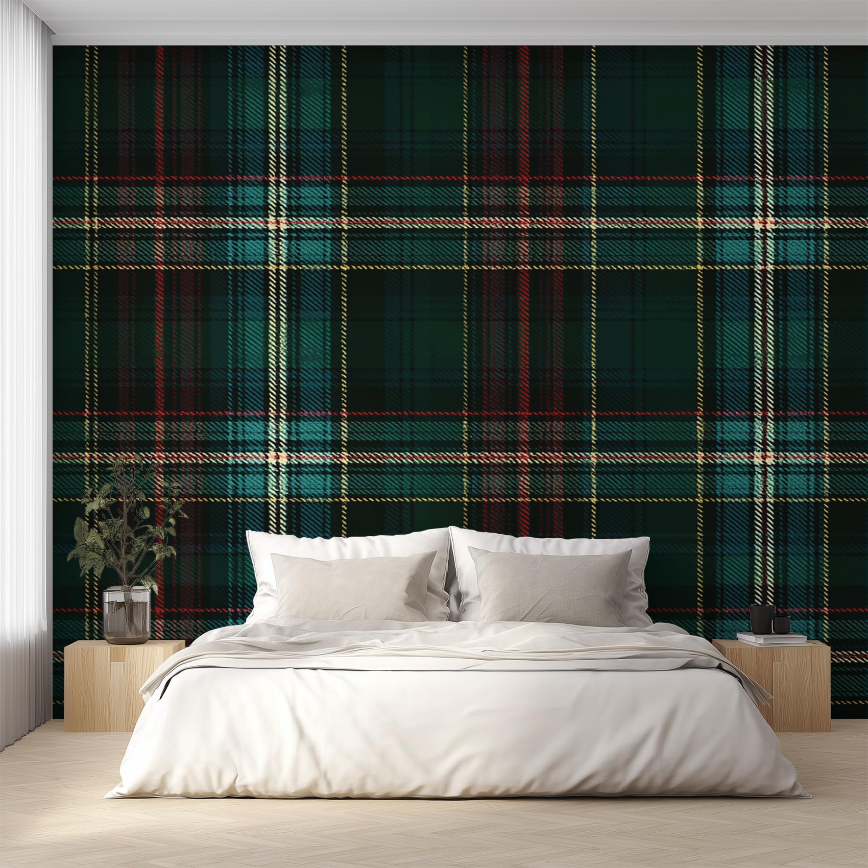 Green and Red Plaid Wallpaper - Scottish Tartan Wall Mural 150x105 cm (W x H), Non-Woven Photo Wallpaper Mural for Bedroom, Living Room, Hallway, Home Decor Y&W73
