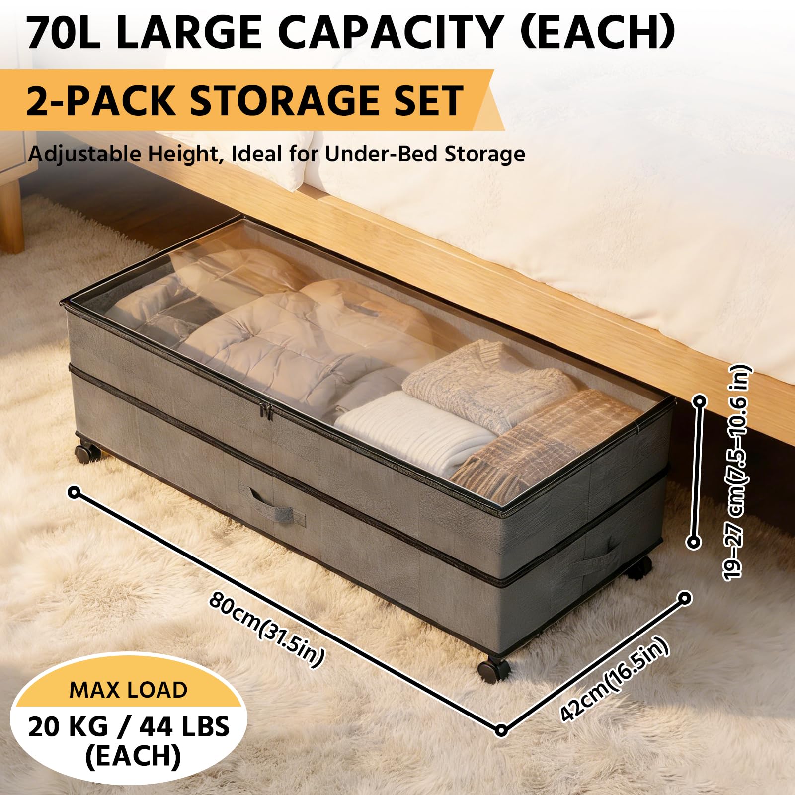JAOGAUS Cajones de almacenamiento de cama con ruedas, paquete de 2 unidades, 72 L, XXL, ajustables, 25 cm de altura con tapa, caja de almacenamiento de dormitorio que ahorra espacio para ropa, zapatos