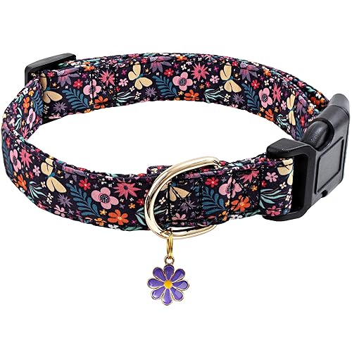 Faygarsle Cotton Designer Dogs Collar Cute Flower Dog Collars for Girl Female Small Medium Large Dogs with Purple Flower Charms M - Purple - Medium