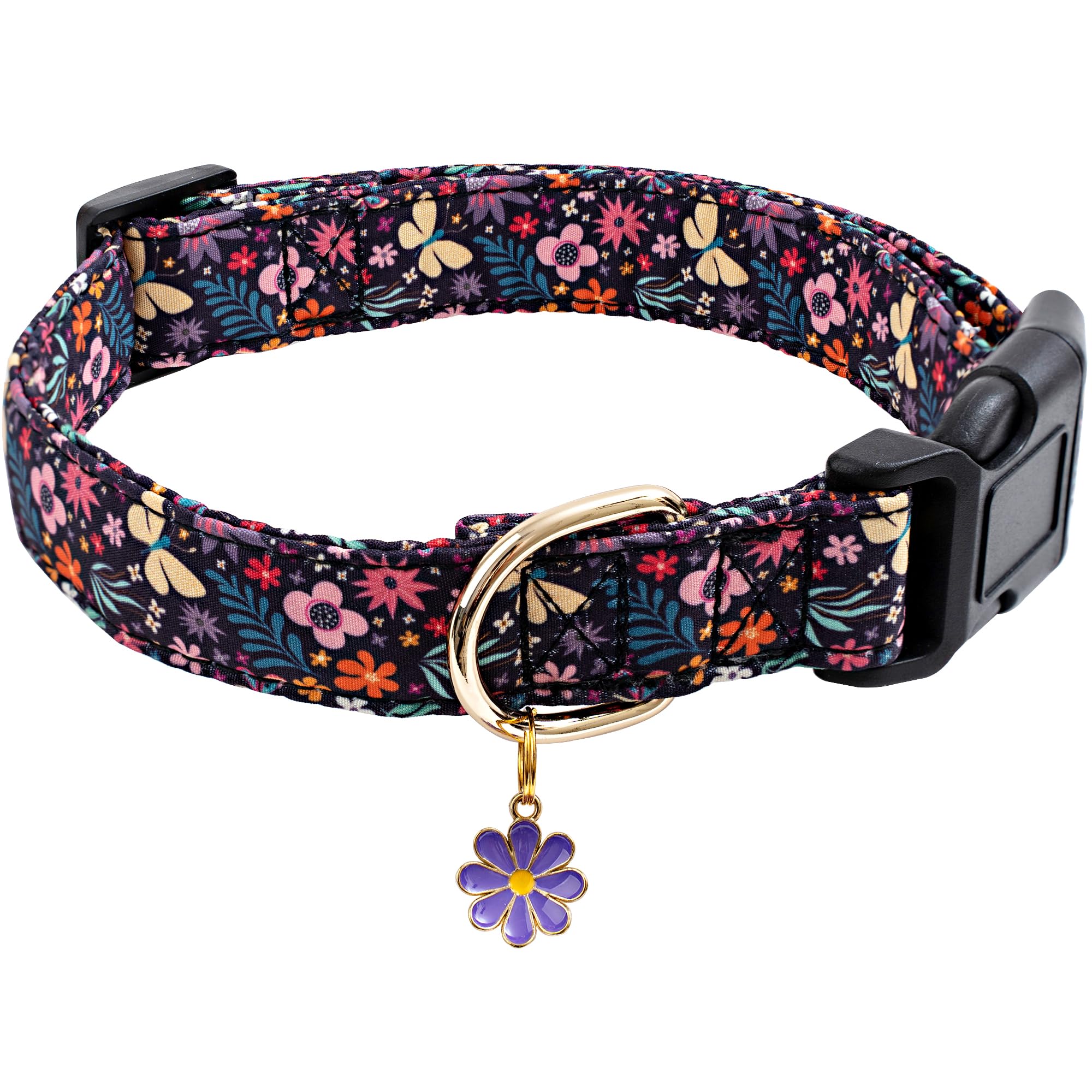 Faygarsle Cotton Designer Dogs Collar Cute Flower Dog Collars for Girl Female Small Medium Large Dogs with Purple Flower Charms M