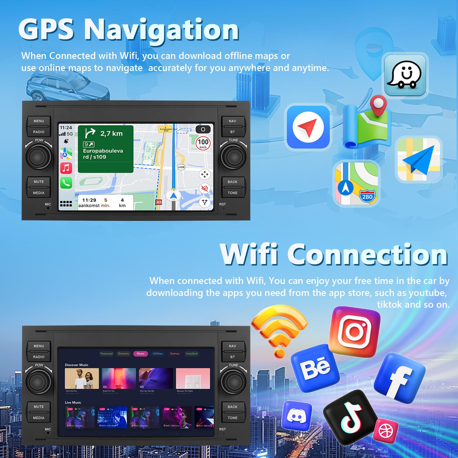 Carplay Autoradio per Ford Transit Fiesta Focus Galaxy con Bluetooth, 2GB+64GB Android Auto Car Stereo 7" IPS Schermo con GPS 5G WiFi RDS/FM SWC USB Mirror Link Canbus +Telecamera Posteriore