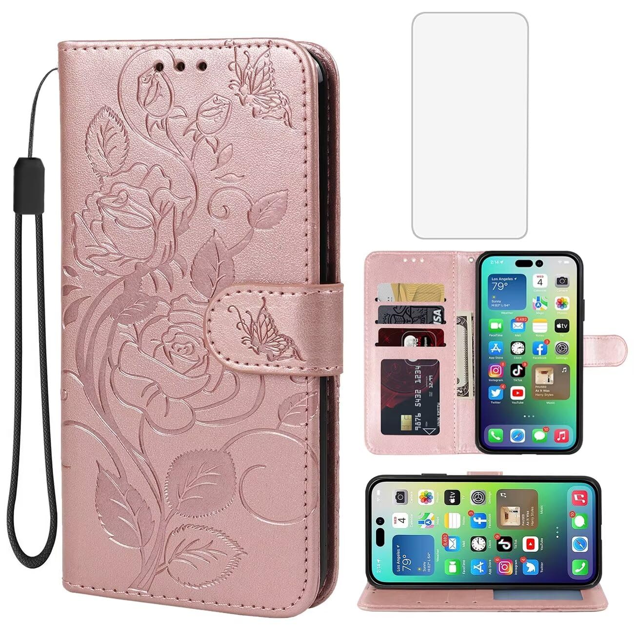 Vavies Case for iPhone 14 Pro Max Wallet Case with Tempered Glass Screen Protector, Flower Leather Flip Credit Card Holder Stand Phone Cover Cases for