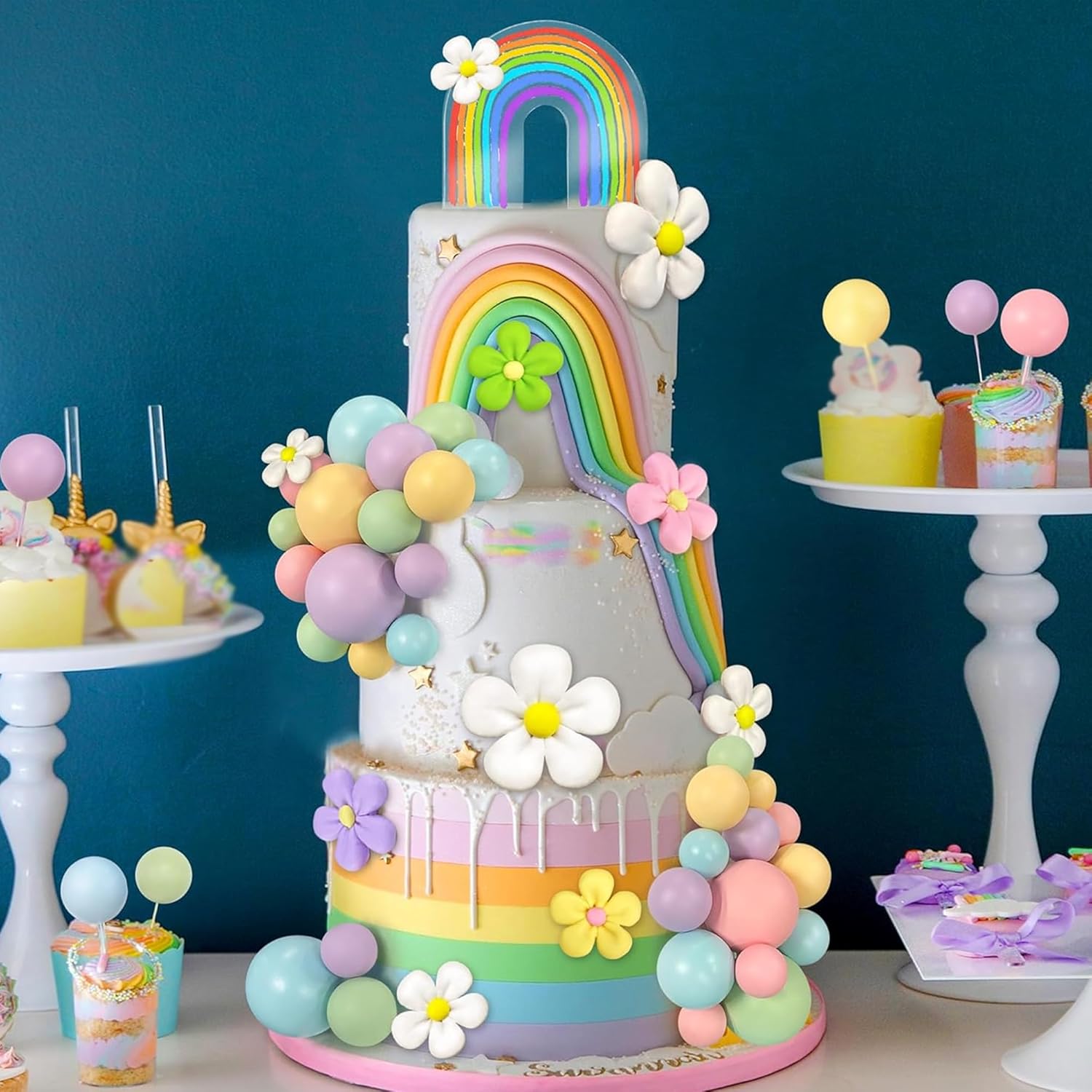 46 PCS Acrylic Rainbow Cake Toppers Colorful Balls Cake Decorations Boho Daisy Flower Cake Toppers for Wedding Baby Shower Birthday Party Supplies (Colorful)