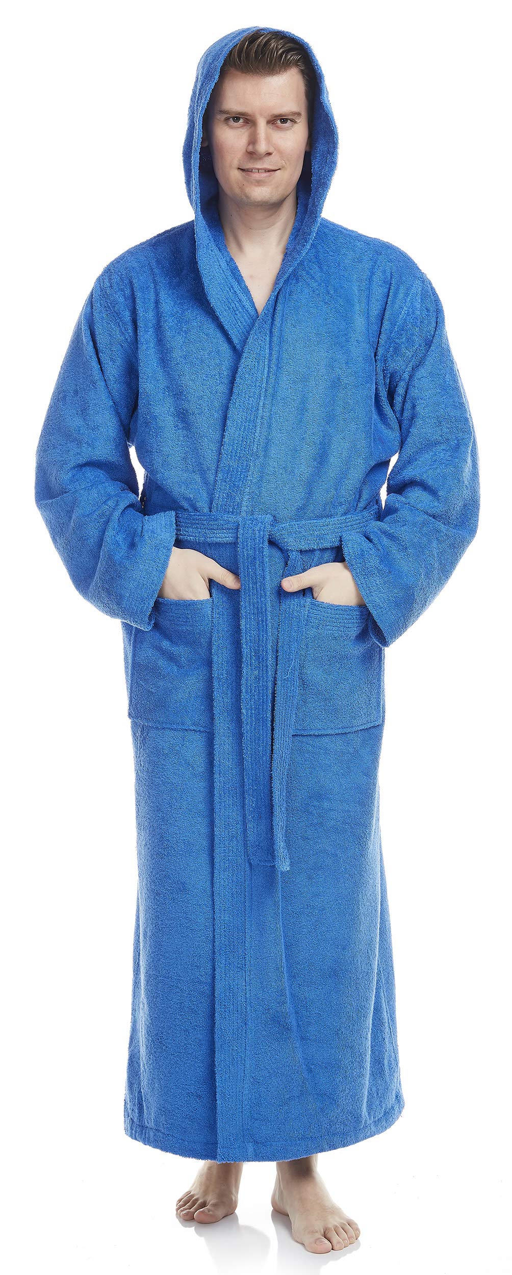 Męski szlafrok z kapturem, długość do łydek, Królewski błękit, Bardzo wysoki, XXL-3XL