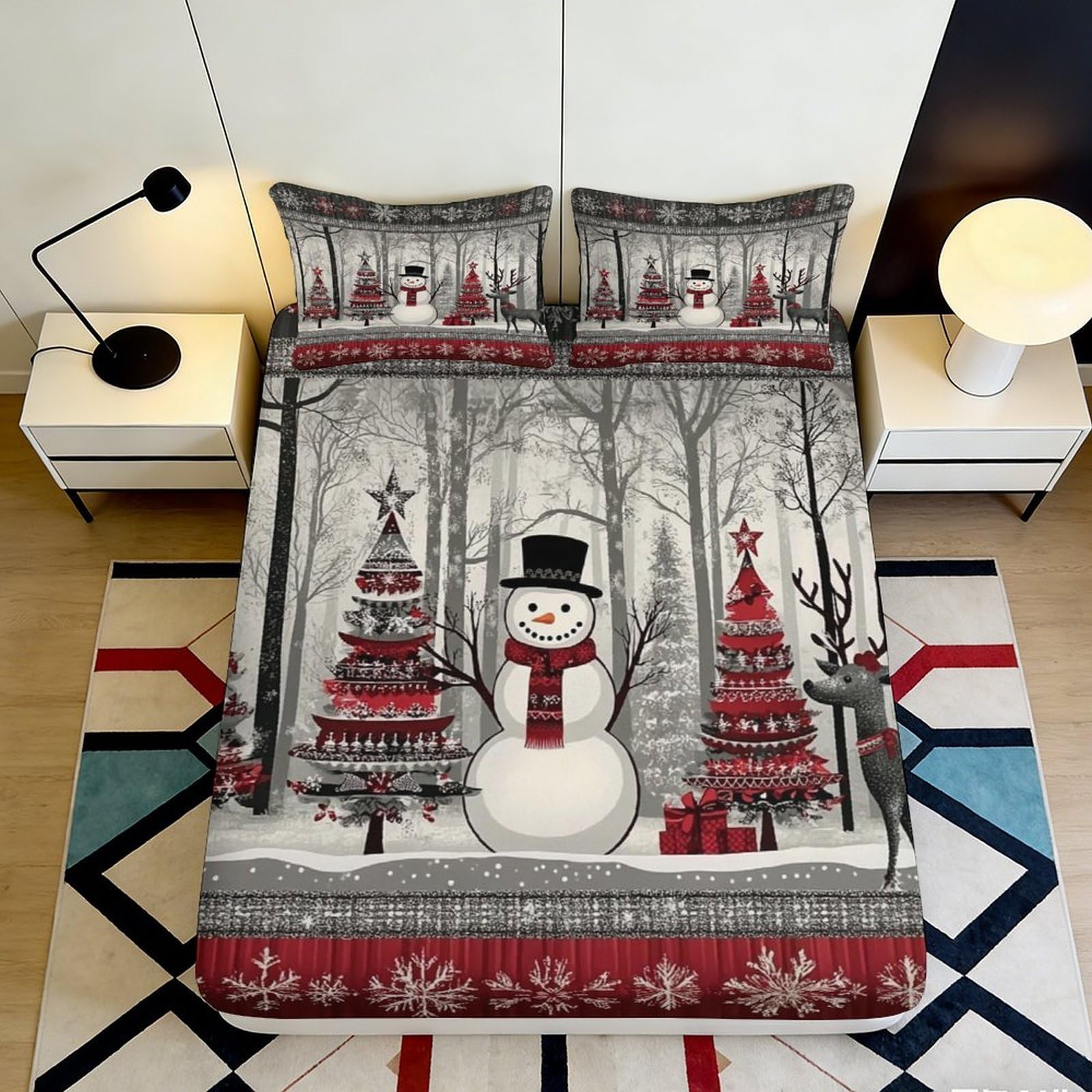 Pnayamiorkfel Style-4 3D Printed Christmas Snowman Fitted Sheet Microfiber Soft Decor Winter Forest Tree Mattress Cover For Bedroom Guest Room 90X200x25cm