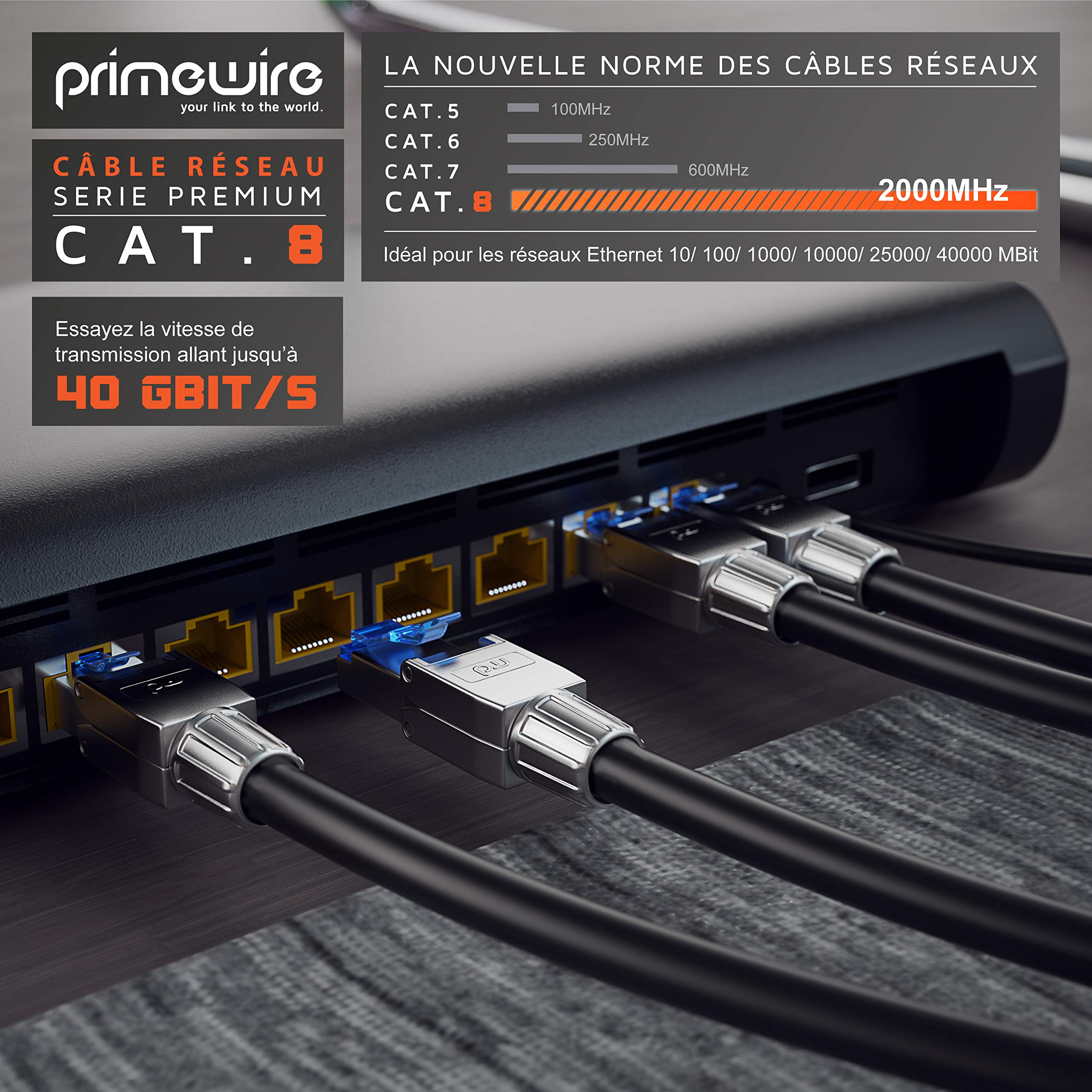 Câble Réseau CAT 8.1 0,5 M - 40 Gbps, 2000 MHz - Blindage SFTP - Compatible RJ45 - Pour Modem, Routeur, PC, Console