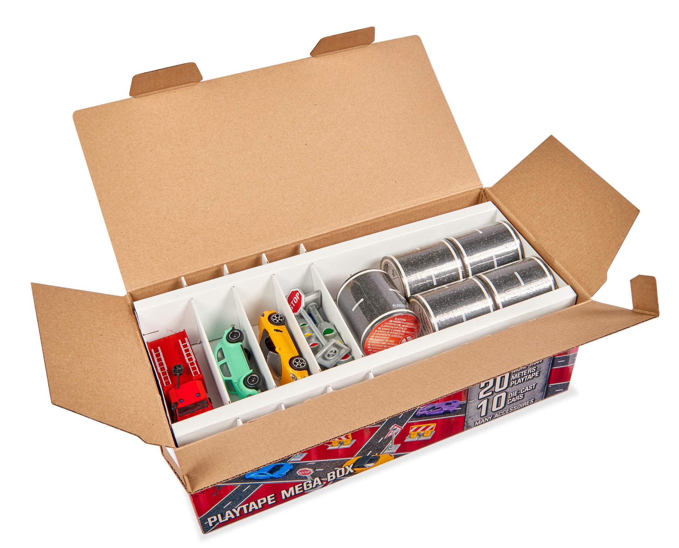 Majorette 212058198 Playtape Mega Box, 5 x samoprzylepna taśma uliczna o długości 4,5 m, 10 samochodów Die-Cast, w zestawie 8 znaków drogowych, 1:64, 7,5 cm