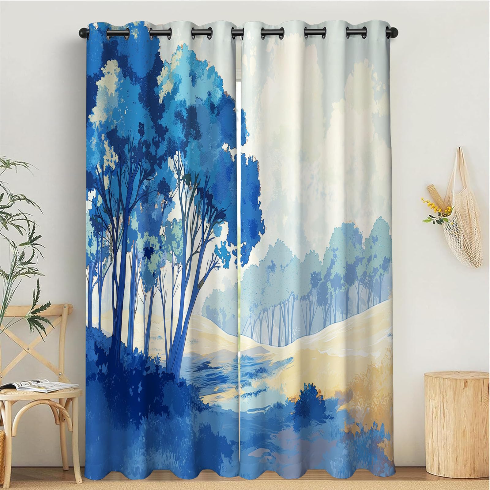 Rideau illustration arbres paysage bleu pour créer une ambiance douce en chambre
