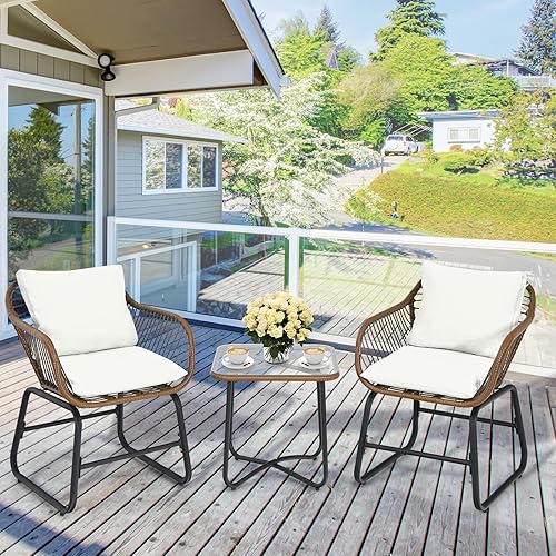 Miniatura 3 de COSTWAY 3PCS Patio Rattan Bistro Set Silla acolchada Mesa de vidrio Cubierta Blanco