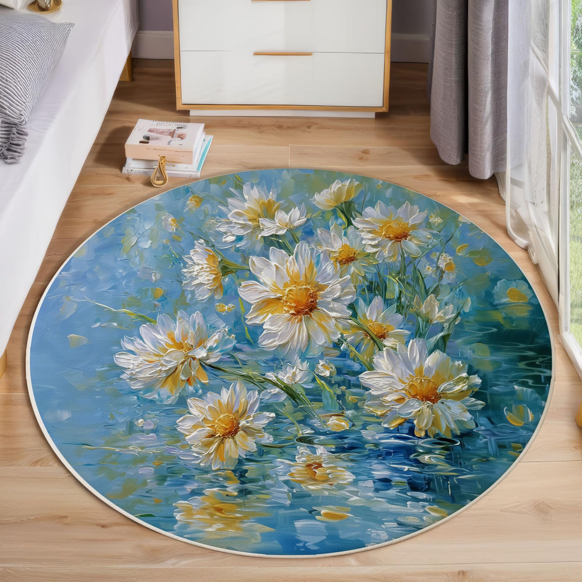 Tapis rond à poils courts bleu grand modèle 100 cm lavable pour salon
