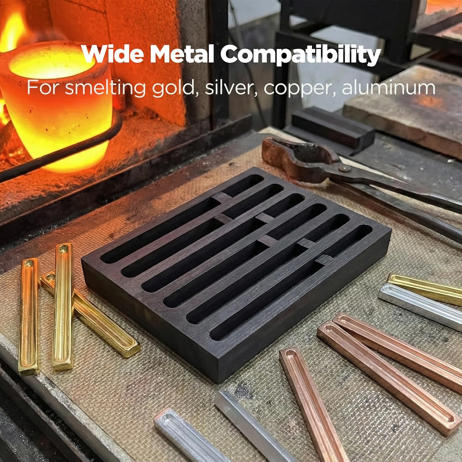 6-in-1 Reusable Graphite Ingot Mold, Long Bar Smelting Mold & Crucible for Melting Gold Silver Copper, Jewelry Casting Molds for Metal Melting, Casting & Refining​(GM-01)