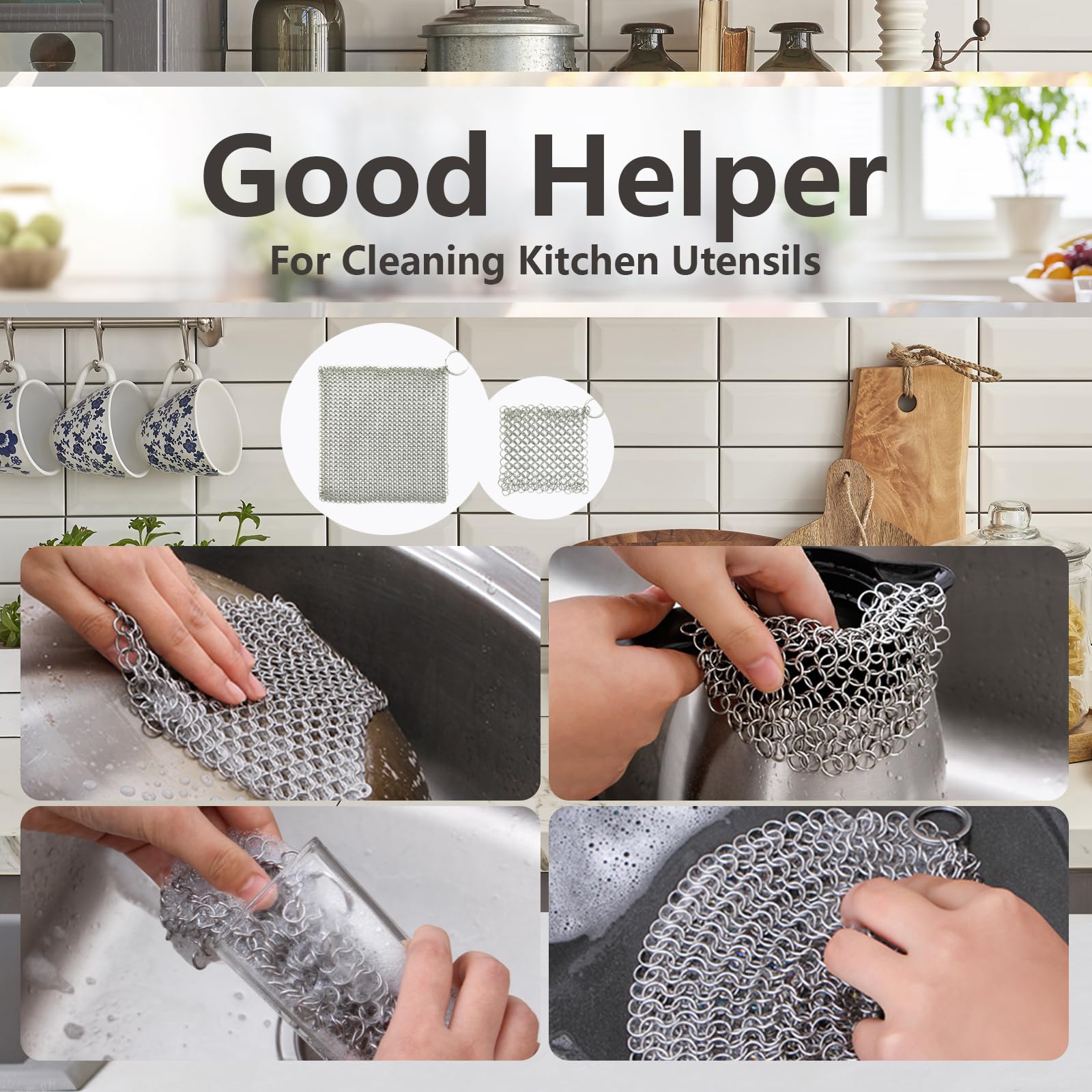 2 pezzi Detergente per Ghisa in Acciaio, Inossidabile Scrubber in Acciaio, Pulitore per pentole in ghisa per forno, padelle, teglie da forno, piatti da portata, bicchieri, padelle in ghisa 10*10 cm