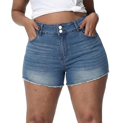 Women Plus Size Jean Shorts Sexy Stretchy High Waisted Frayed Raw Hem Denim Shorts
