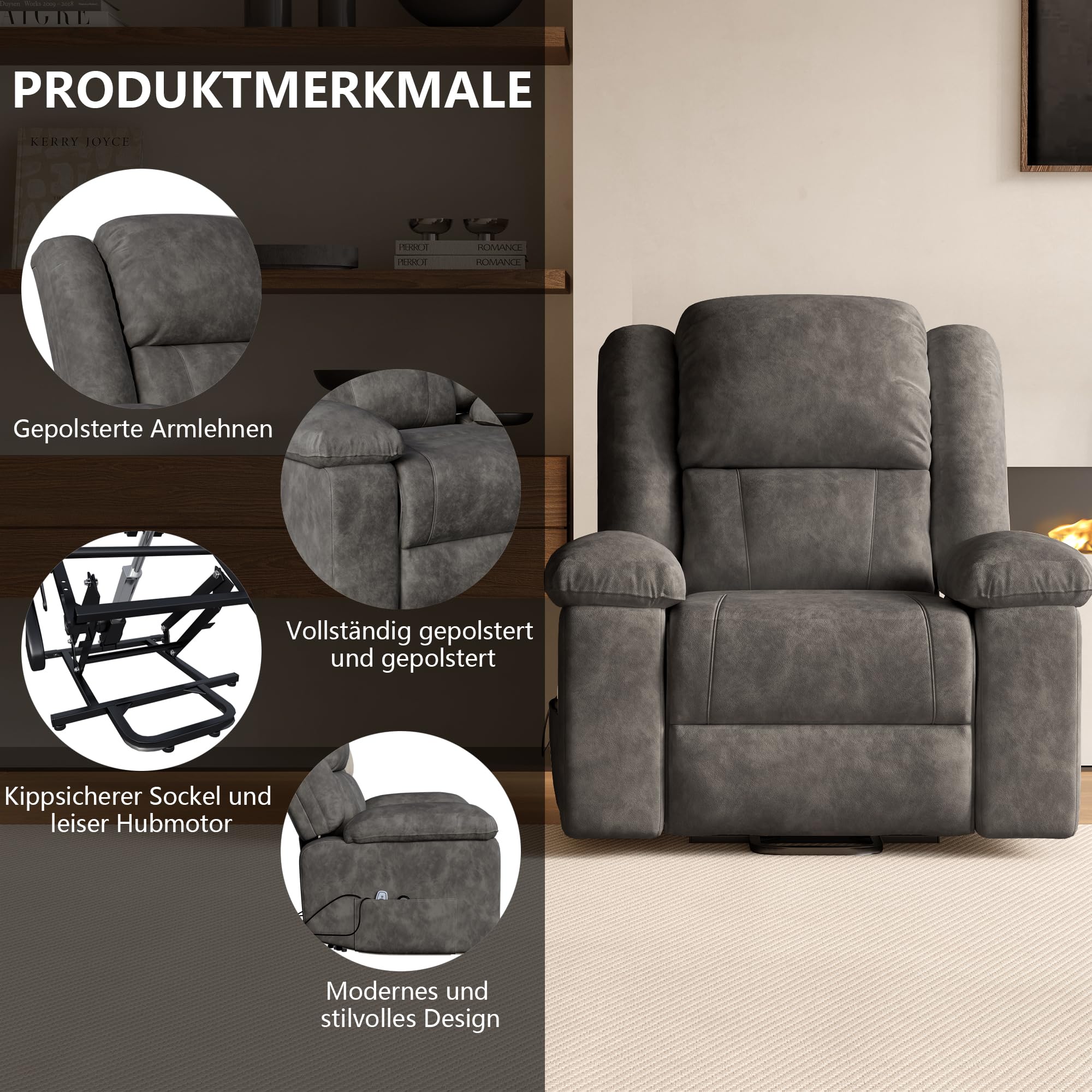 Sillon Relax Electrico, Sillón Reclinable Eléctrico con Calefacción y Reposapiés, Sillón Relax Reclinable con Vibración y Función de Masaje, con reposamuñecas, Gris
