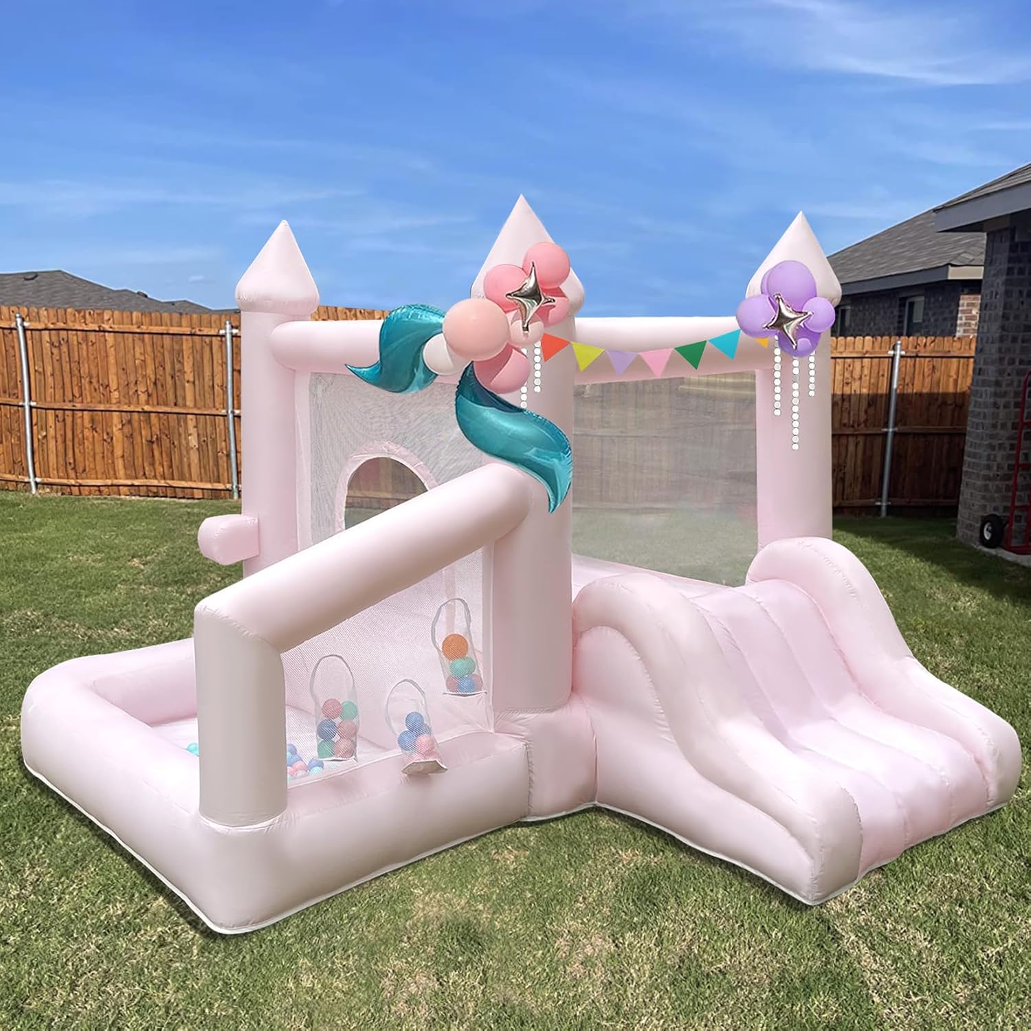 Inflatable Bounce House with Ball Pit Pink Inflatable Indoor Bounce House,Jumping Bouncy House with Blower for Birthday Party Backyard Party Gifts
