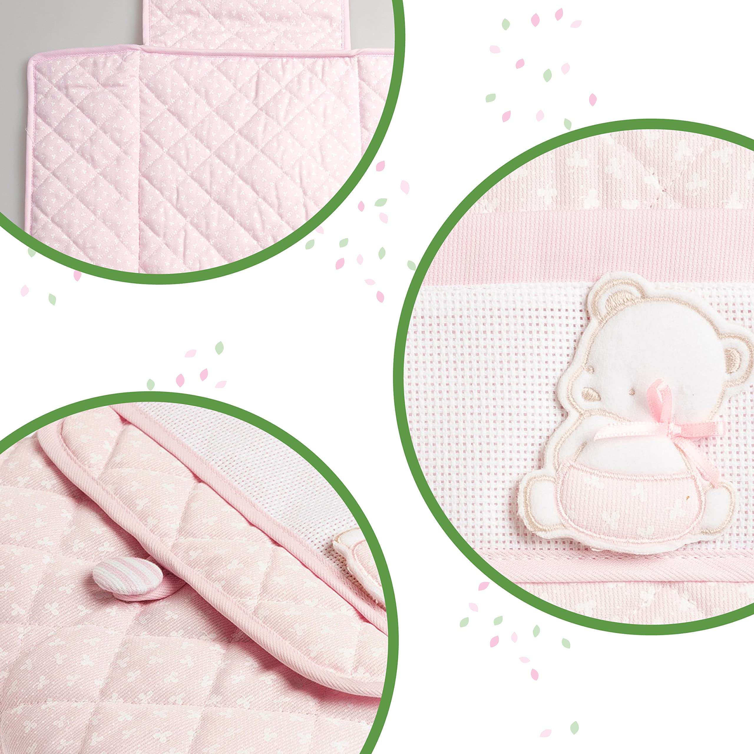FILET - Fasciatoio da Viaggio, Fasciatoio Portatile per il Cambio Pannolino, Realizzato in Cotone Imbottito, con Tasca in Tela Aida da Ricamare, Made in Italy, Trifoglio Rosa