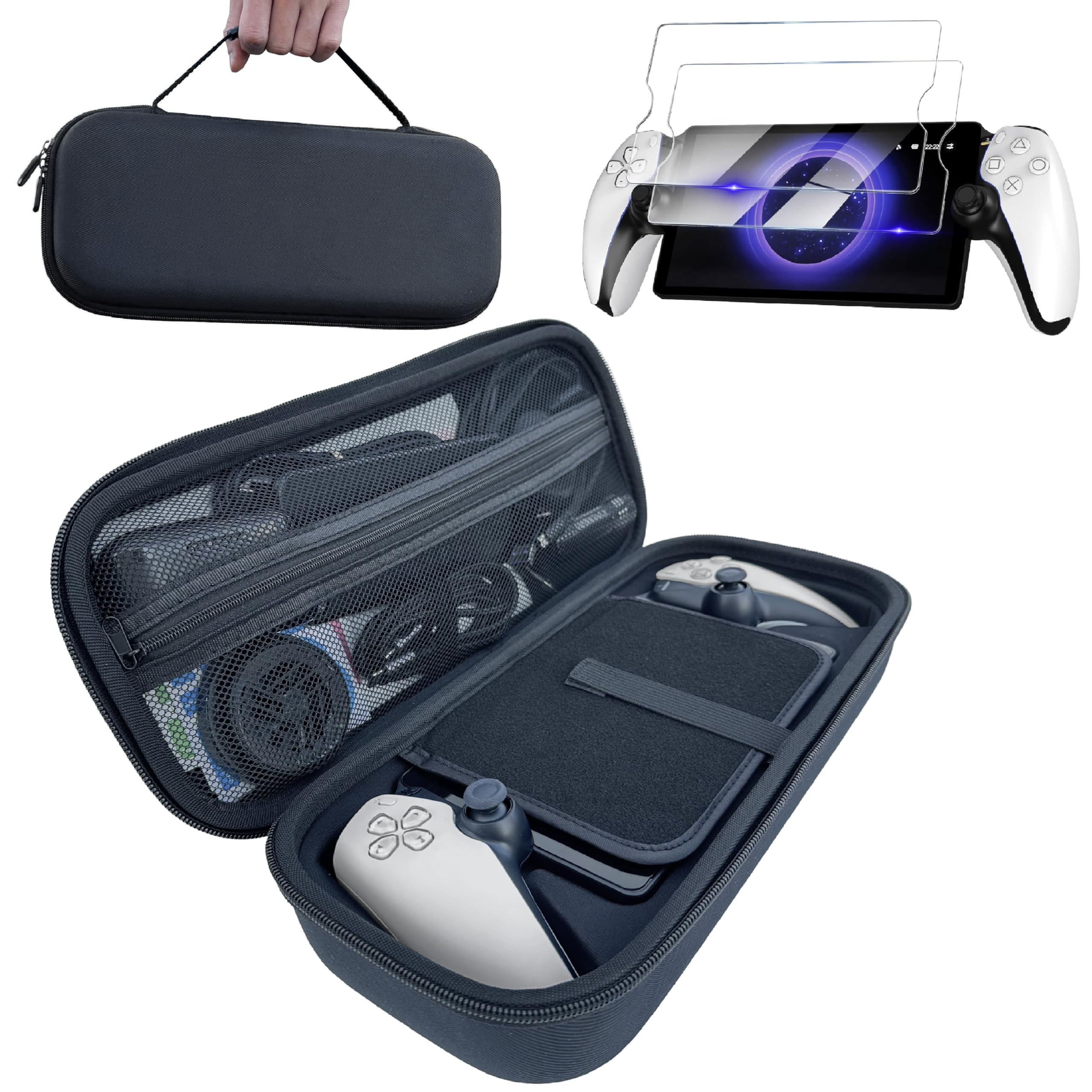 3 in 1 Accessories Set for PlayStation Portal Carrying Case for PS5 Portal and Hard PC Clear Cover Case with 2 Screen Protector Tempered Glasses,4 Thumb Grips,PS Portal Accessories Bundle