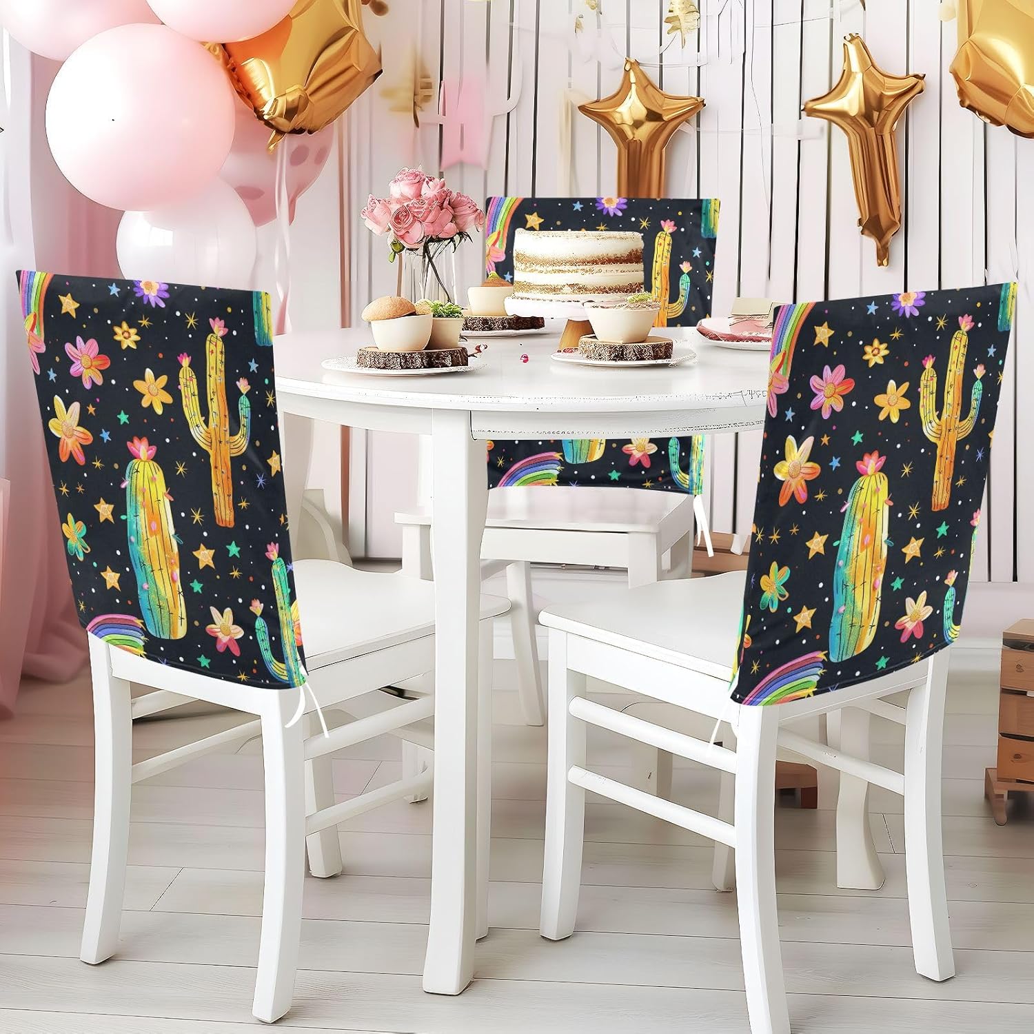 ALAZA Cactus Flowers Stars Rainbow Chair Back Cover Set of 6, Washable Reusable Removable Chair Slipcovers Decorative Chair Cover for Home Kitchen Wedding Party