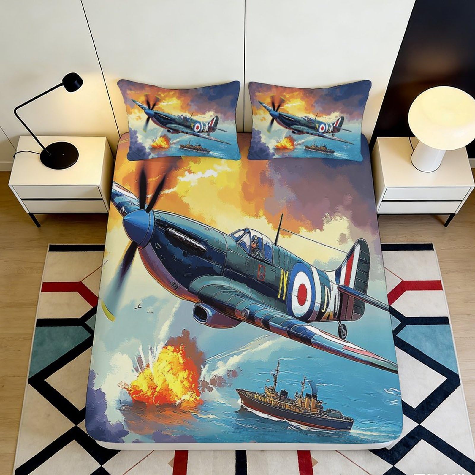 3D Printed Warplane Air Battle Fitted Sheet Microfiber Non Slip Bed Cover Explosion Ship Design for Bedroom Decor 180x200x25cm