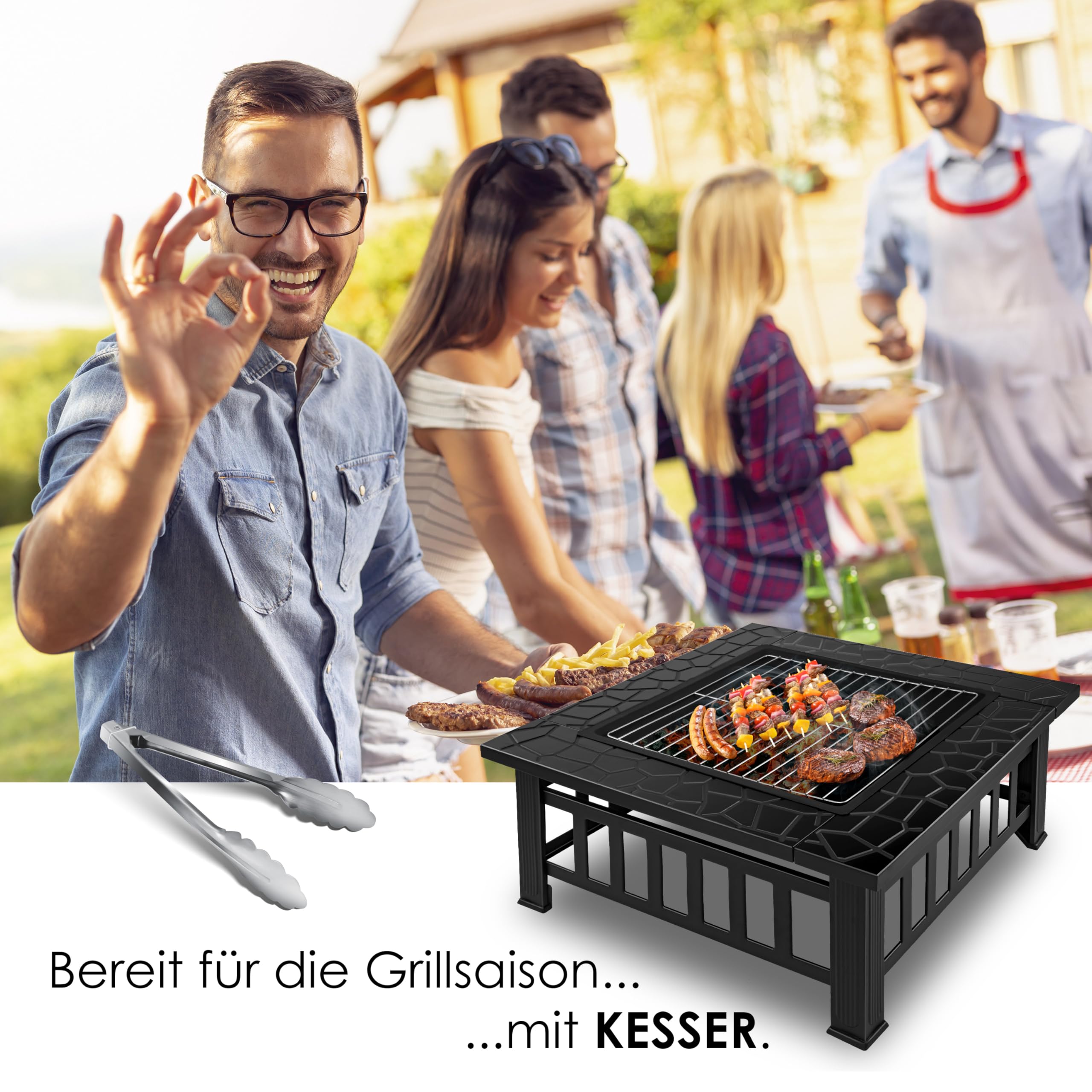 KESSER Feuerstelle mit Grillrost & Grillzange Feuerschale 82x82x50cm 3in1 Multifunktional Fire Pit für Heizung BBQ Grill Garten Terrasse