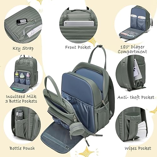 Miniatura 4 de Somago Mochila para pañales para bebé, mochila multifunción para viajes, bolsa de bebé con cambiador, correa para cochecito, Verde oscuro, Mochila