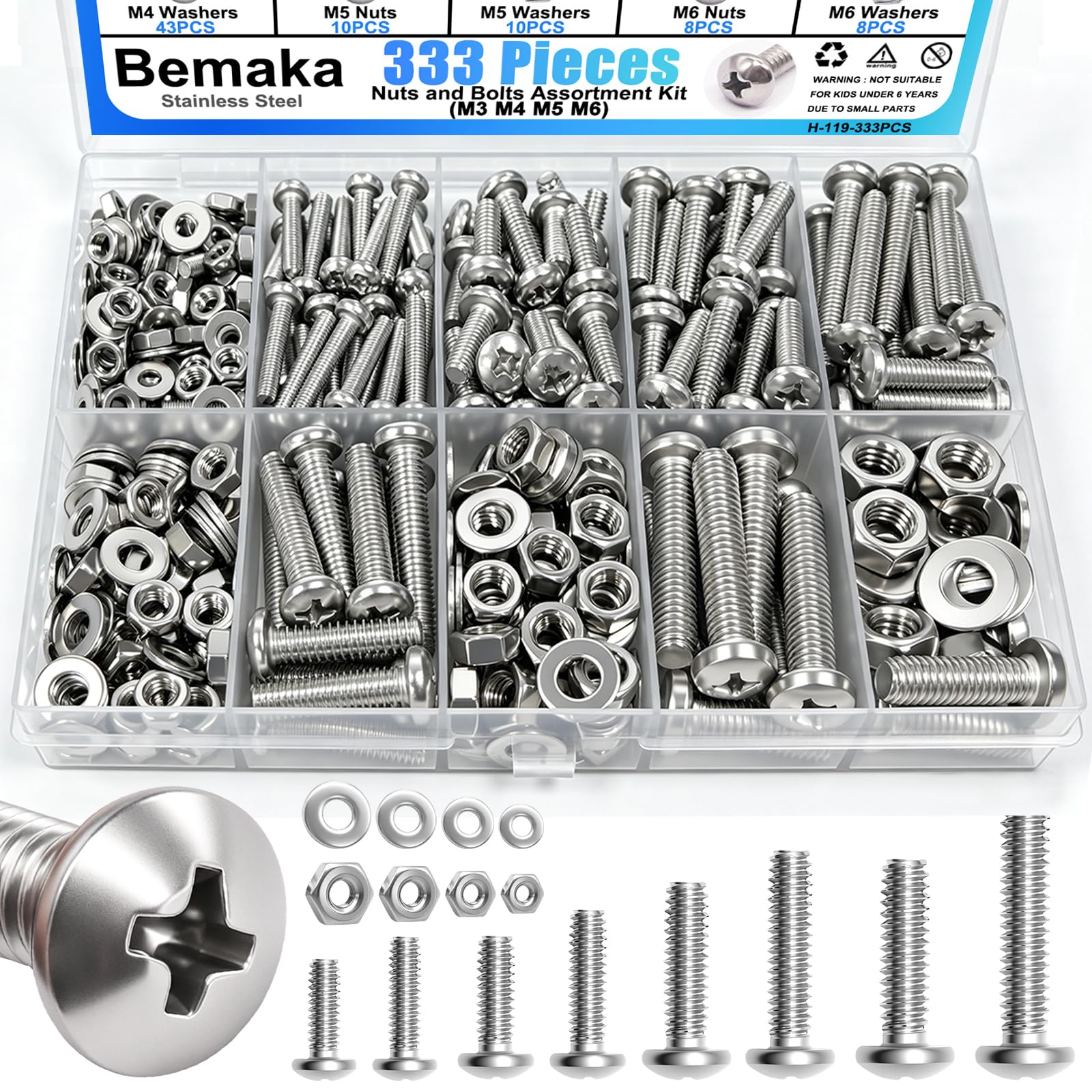 1287Pcs Nuts and Bolts Assortment Kit, 304 Stainless Steel Bolts Machine Screws Hardware Assortment Kit, Metric & SAE Phillips Pan Head Screws, Assorted Bolts, Nuts and Washers Kit — Amazon image 30