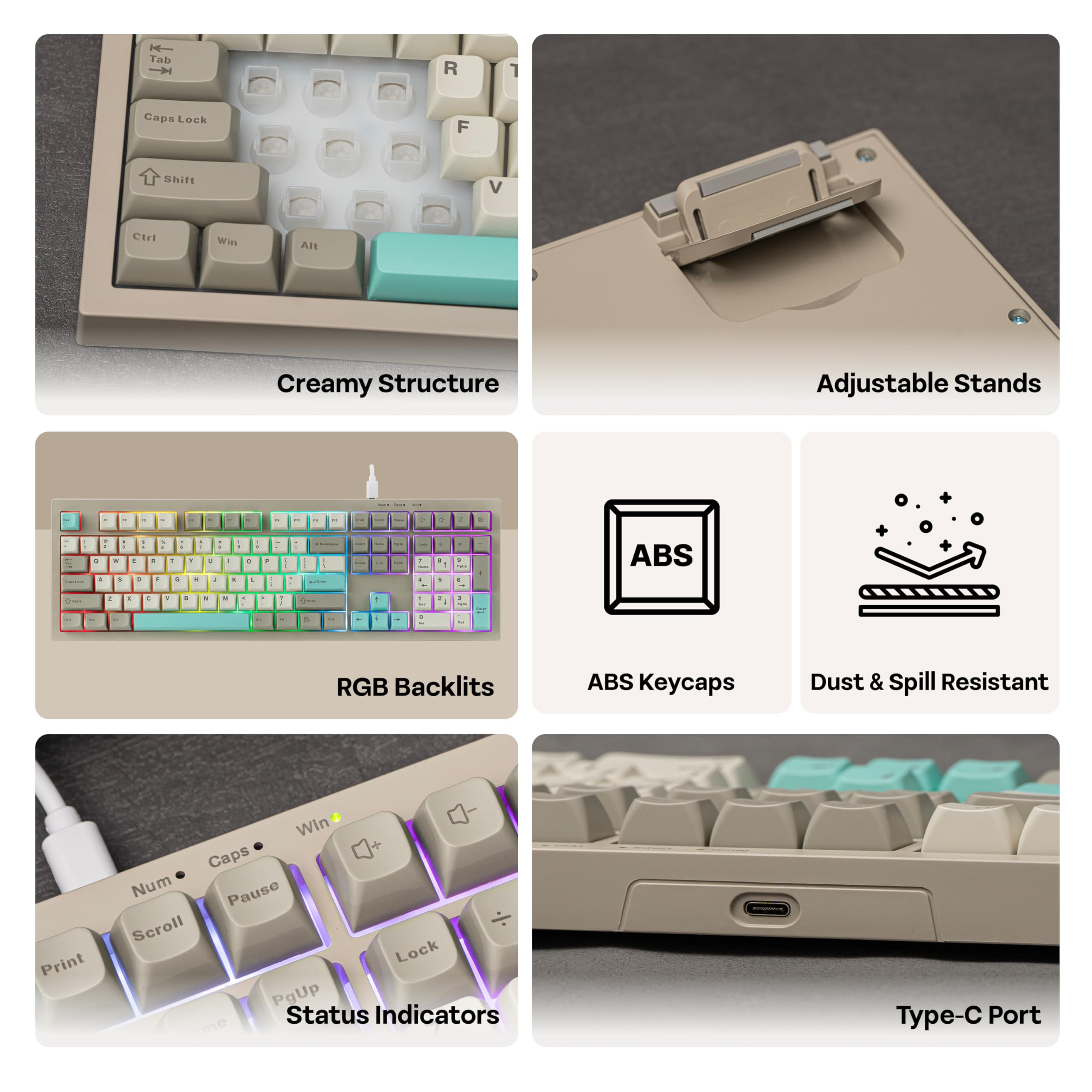 MechLands Aula S102 - Tastiera da gioco a membrana con tastierino numerico, layout full size al 100%, cavo USB-C, retroilluminazione RGB, struttura in silicone cremoso, tastiera silenziosa per PC game