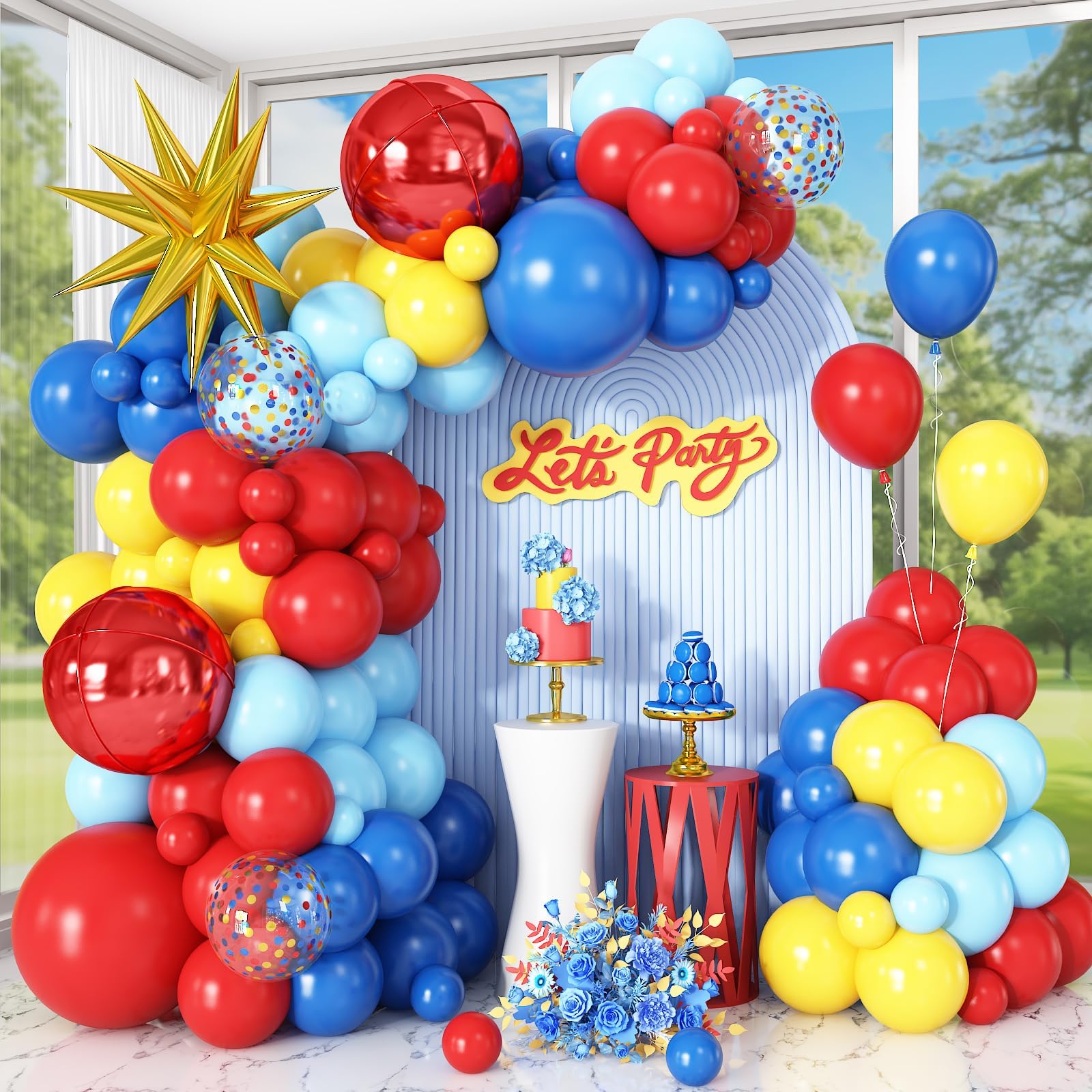 Czerwono-niebiesko-żółta girlanda z łukiem balonowym, zestaw ze złotą gwiazdą, balony foliowe, czerwone, okrągłe balony 4D, na przyjęcie urodzinowe, karnawał, cyrk, dekoracje tematyczne