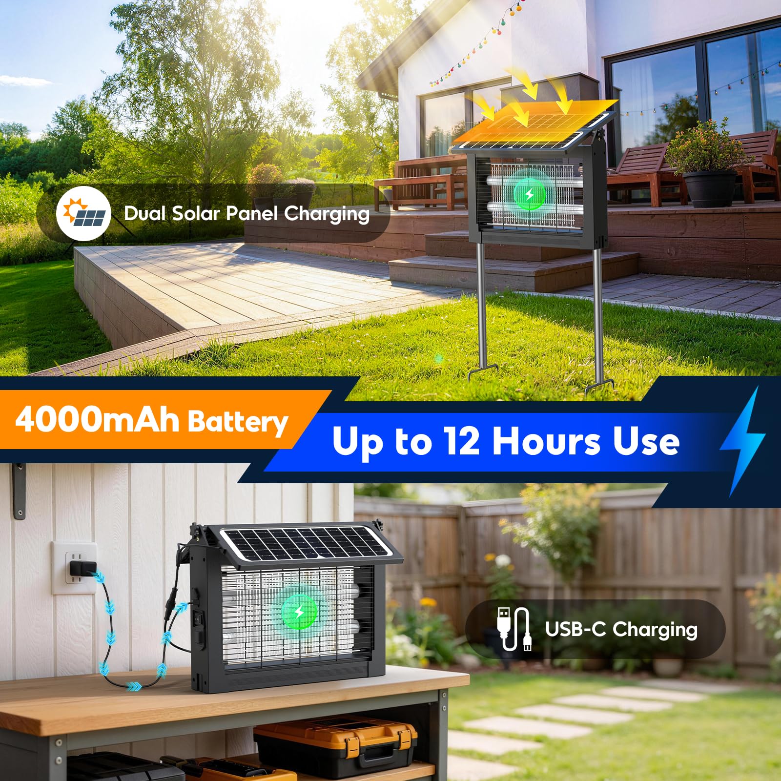 Solar Bug Zapper Outdoor 4500V Moskito Zapper mit Dual Solar Panels | Auto On/Off, IPX5 Wasserdichter Mückenvernichter für Hinterhof, Terrasse, Garten, Camping und bis zu 1/2 Acre Abdeckung