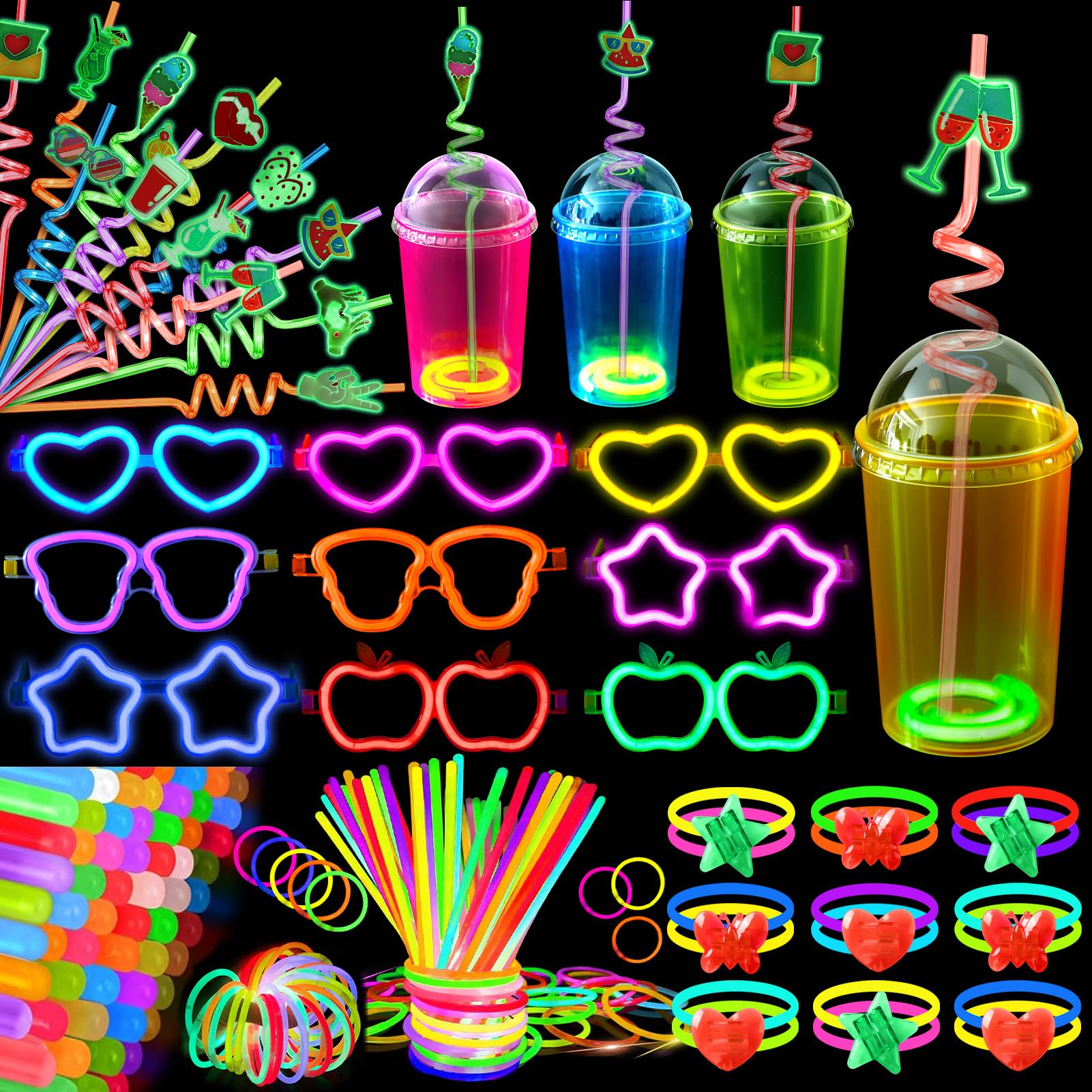 B Bascolor Glow in the Dark Party Supplies, 260 PCS Light Up Party Favors with Light Up Cups, Glow Straws, Glow Sticks, Glasses, Bracelets, Neon Party