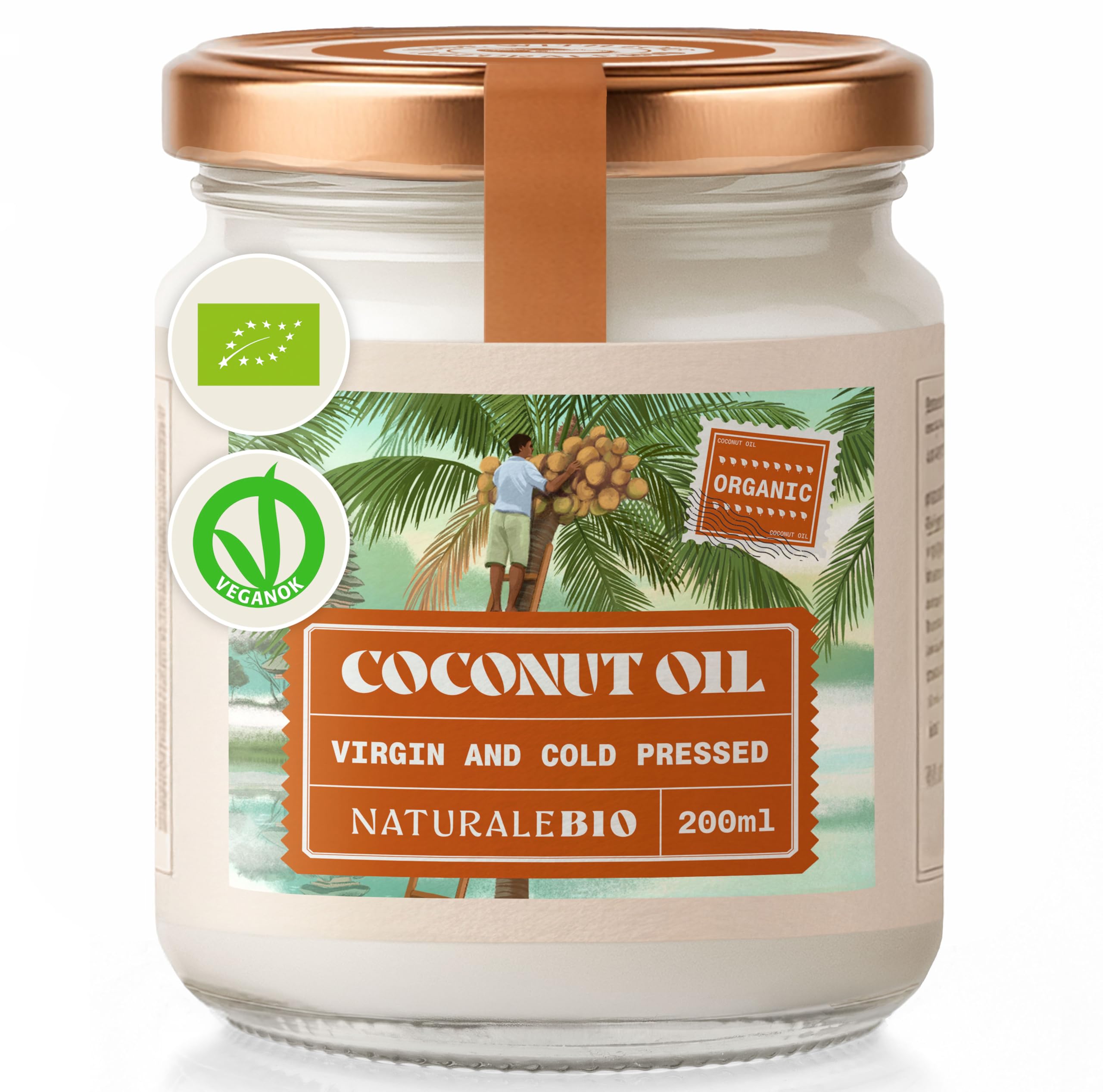 Organic Virgin Coconut Oil 200 ml. Raw Cold Pressed. 100% Bio, Pure and Natural. Native Unrefined Organic. Country of origin Sri Lanka.
