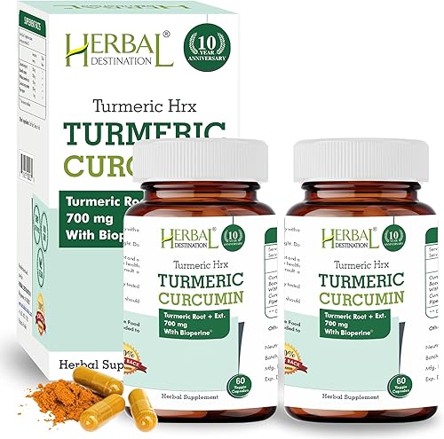 Herbal Destination Suplemento de cúrcuma Hrx - 60 cápsulas (paquete de 2) - Curcumina de cúrcuma, boswellia, cúrcuma y extracto de pimienta negra disponible en Yaxa Colombia
