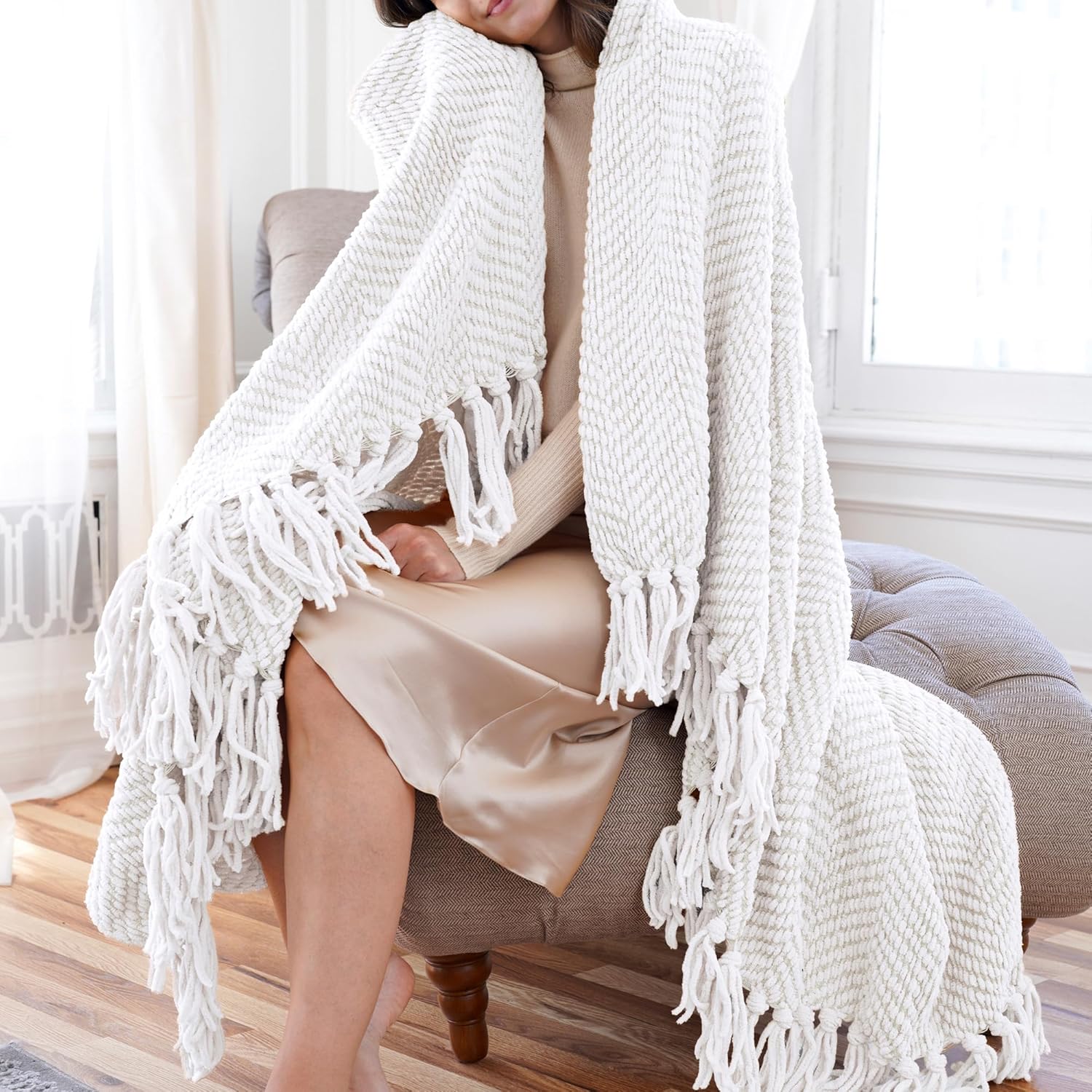 Throw Blanket for Couch Soft Knitted Textured Couch Cover Cream Tweed Blanket with Fringe Tassel for Home Décor Bed Sofa Chair, 50" x 60", Antique White