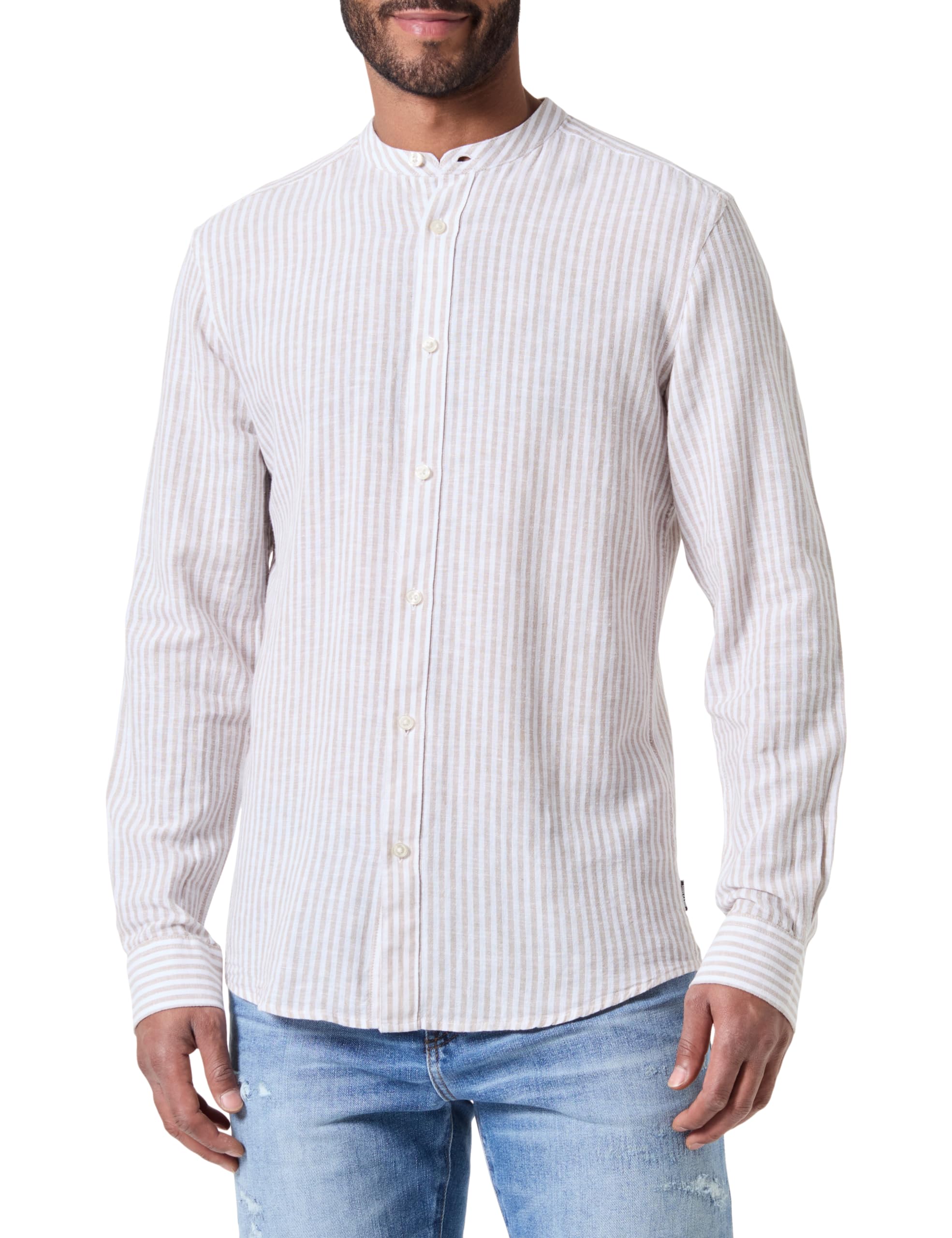 Only & Sons Onscaiden LS Mao-Camiseta de Lino con Diseño de Rayas Camisa de Manga Larga para Hombre