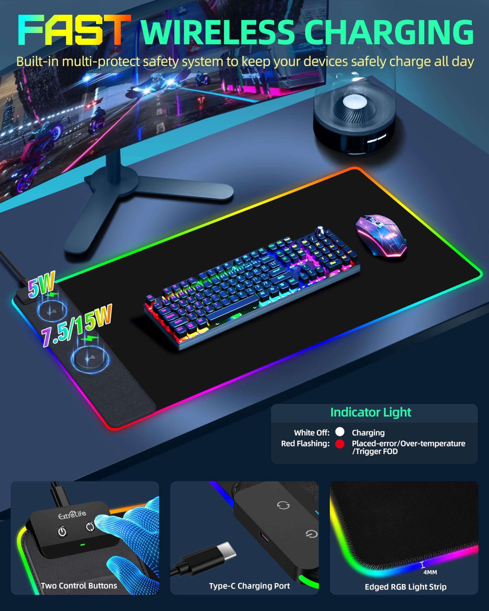 Alfombrilla de mouse RGB para juegos con carga simultánea para teléfono y Airpods, alfombrilla de mouse de carga inalámbrica de 15 W, alfombrilla de mouse LED con 13 modos de luz, alfombrilla de mouse