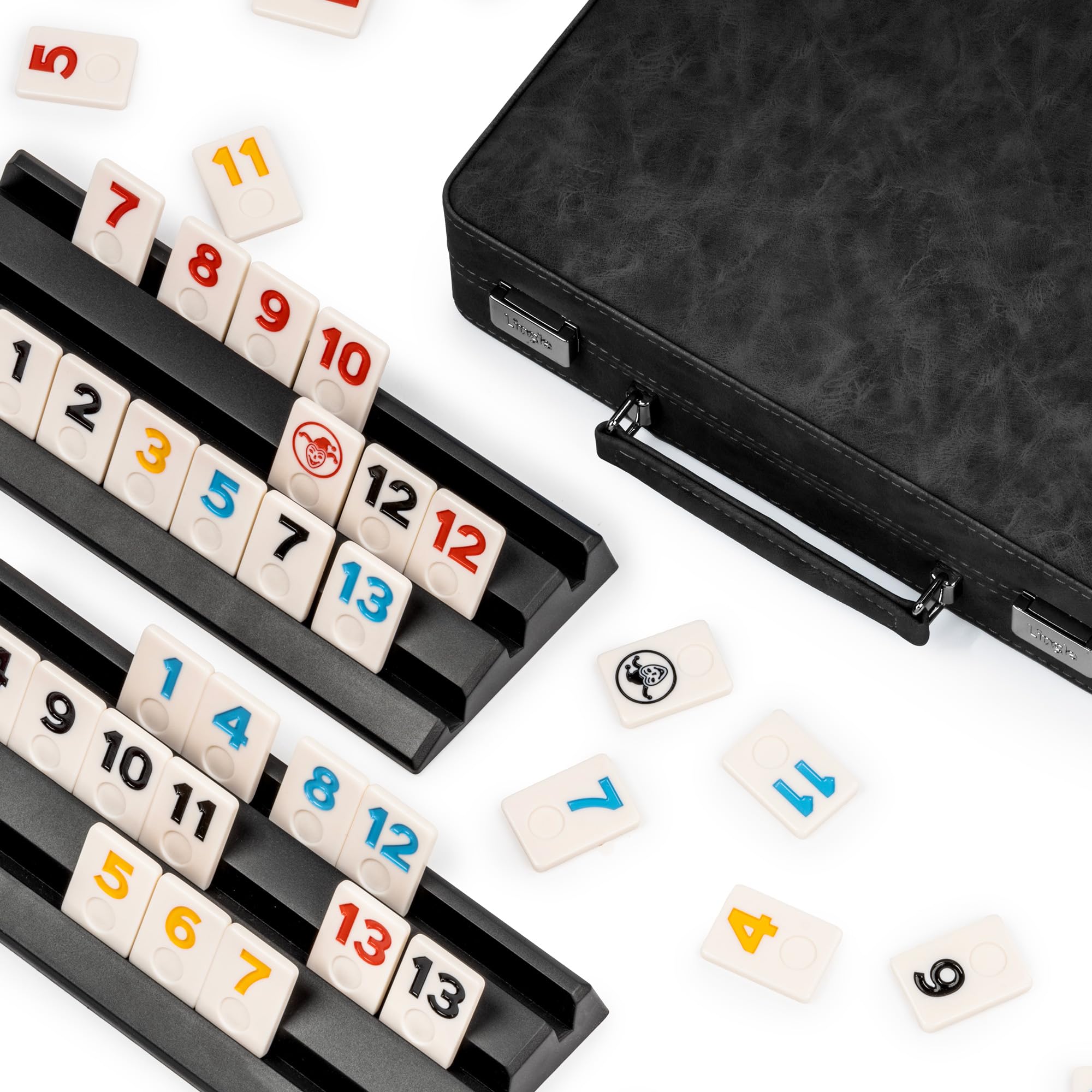 Rummy Game Set, 2-4 players with 106 tiles and 4 rack, Rummy Travel Game Set with Faux Leather Case, Fun Family Classic Board Games (Black)