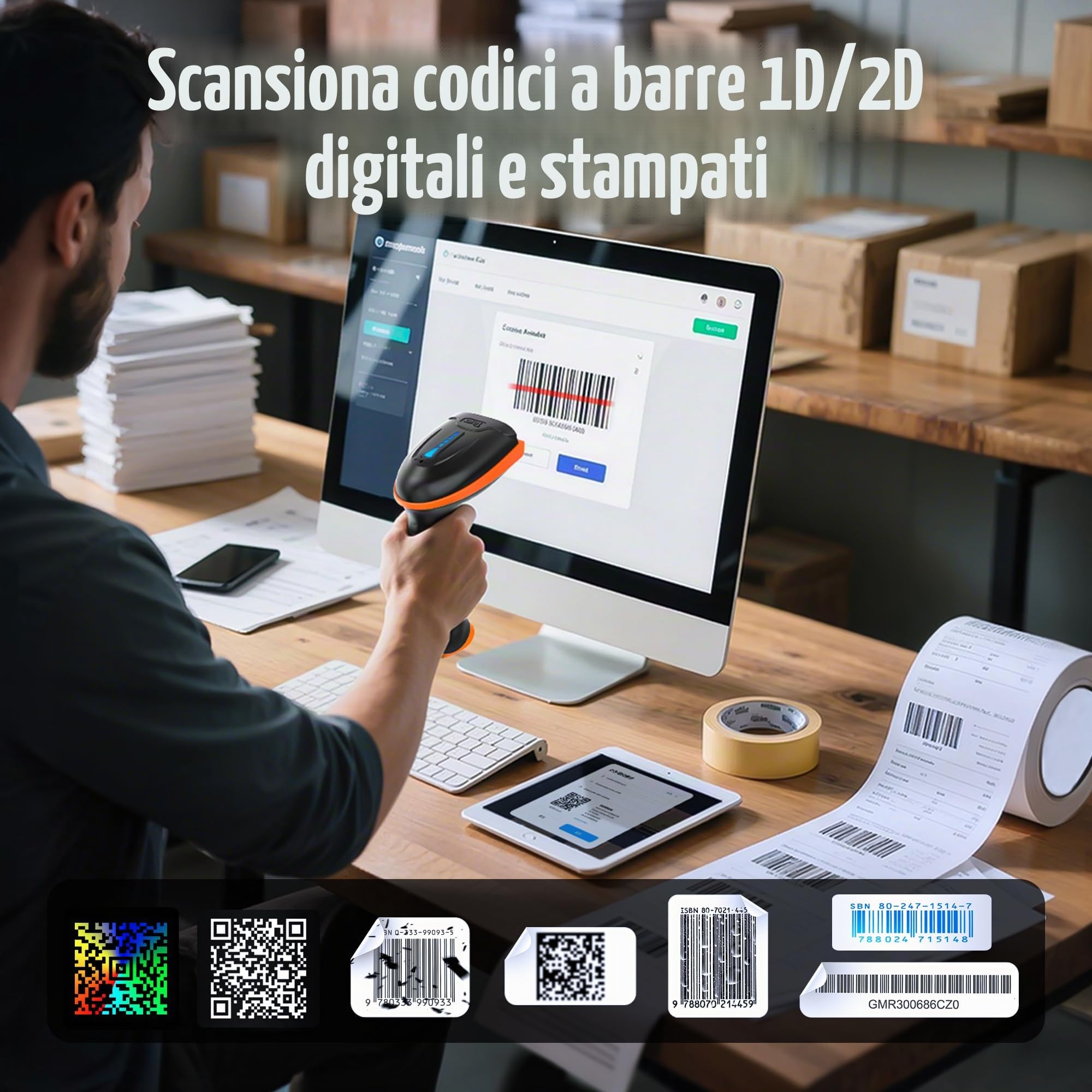 Tera 2D QR Lettore di Codici a Barre Senza Fili USB Cablato 1D 2D Wireless Barcode Scanner Codici a Barre Digitali/Stampati Funziona con Windows Mac Linux, D5100