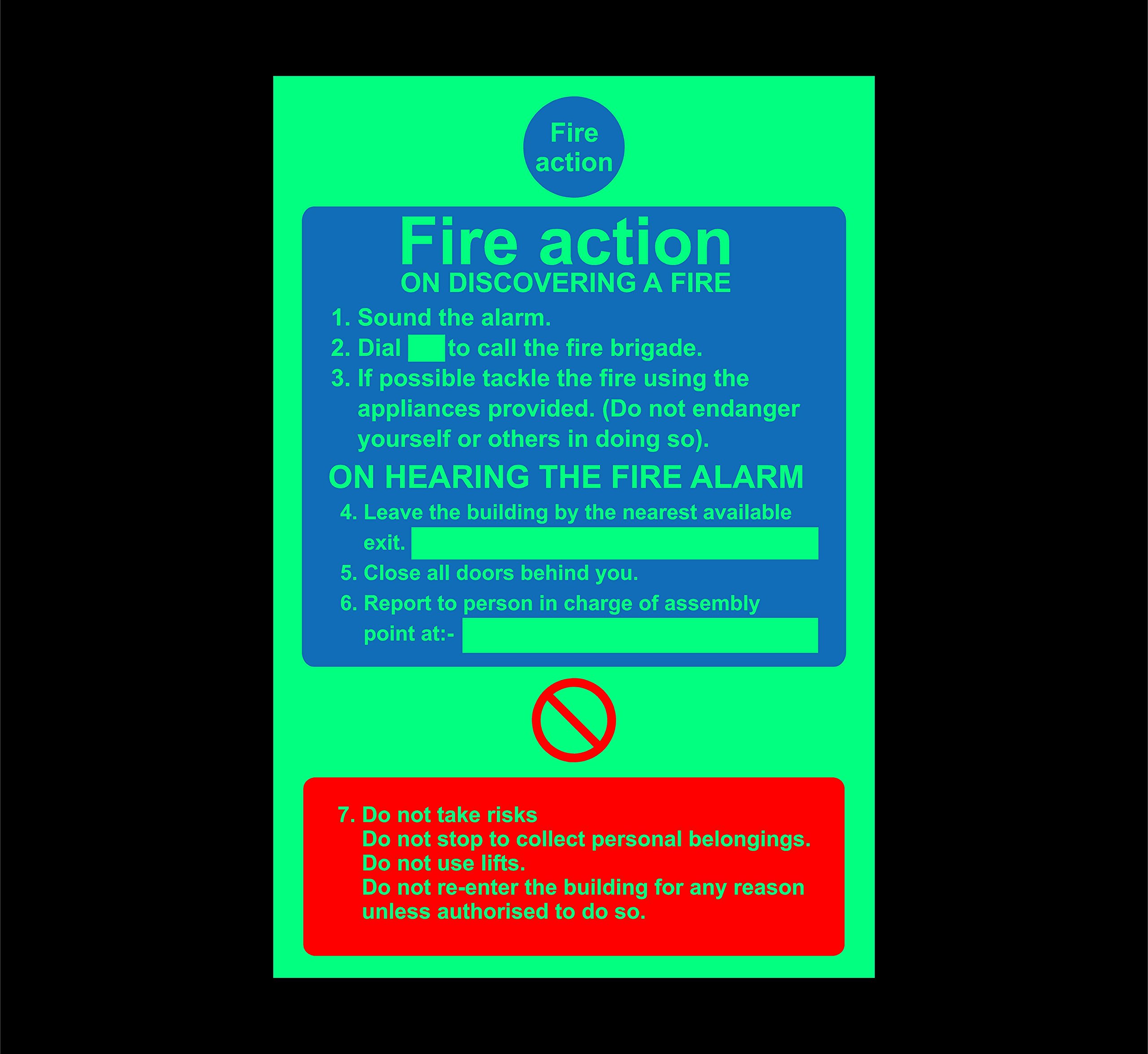 Fire action on discovering a fire safety sign - 300mm x 200mm 1.2mm Photoluminescent rigid plastic with self adhesive backing