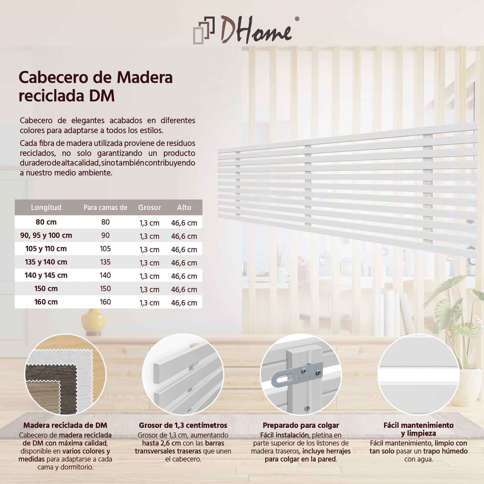 DHOME Testiera in legno riciclato DM Stile Pallet Letto Pallet Ferramenta inclusa (160cm, Stile Giapponese, Solido Bianco)