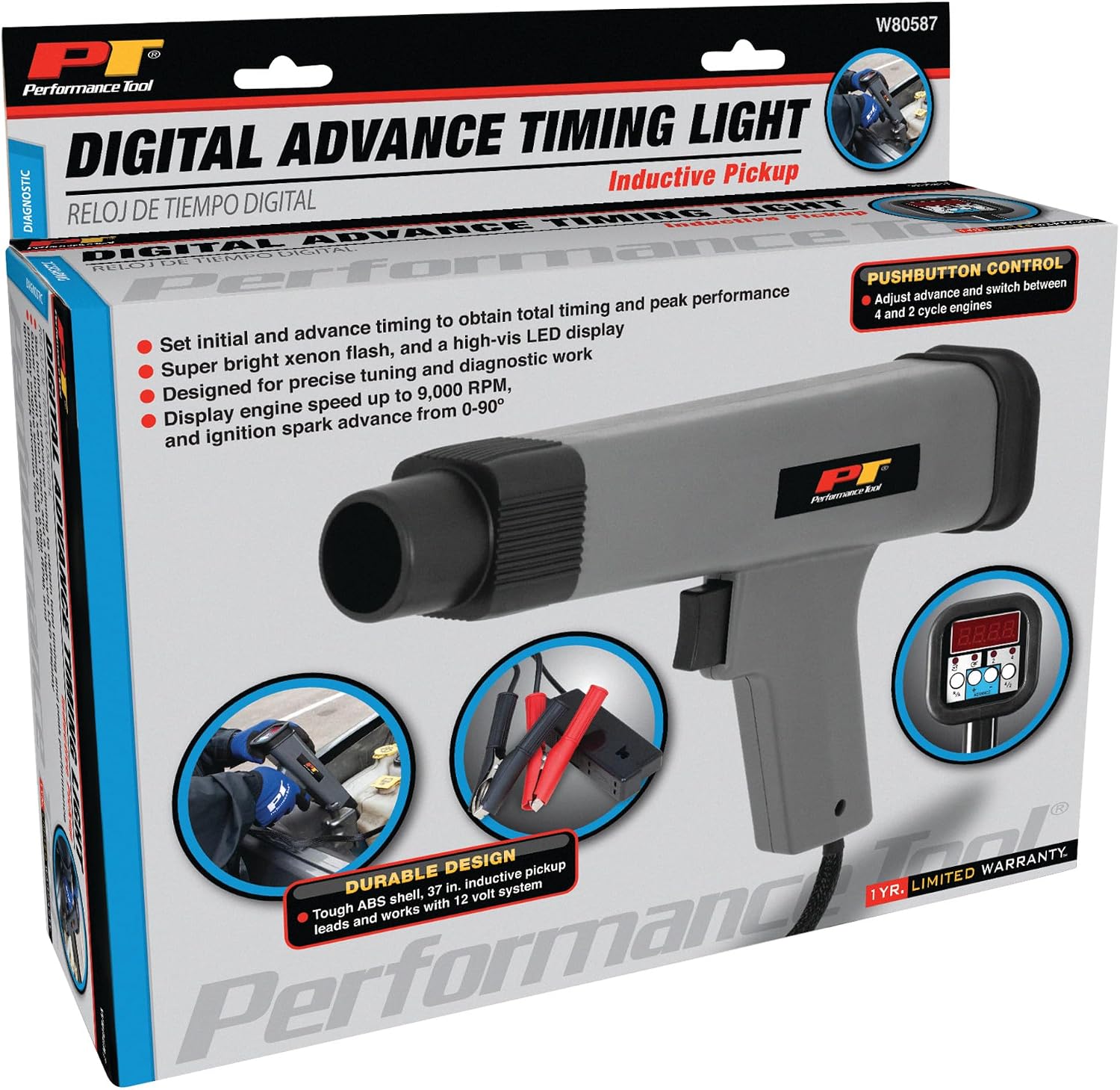 Performance Tool W80587 Digital Timing Light, LED Display 12V Automotive Ignition Timing Light for 9V-16V Ignition System Strobe Lamp Detector, Portable Timing Check