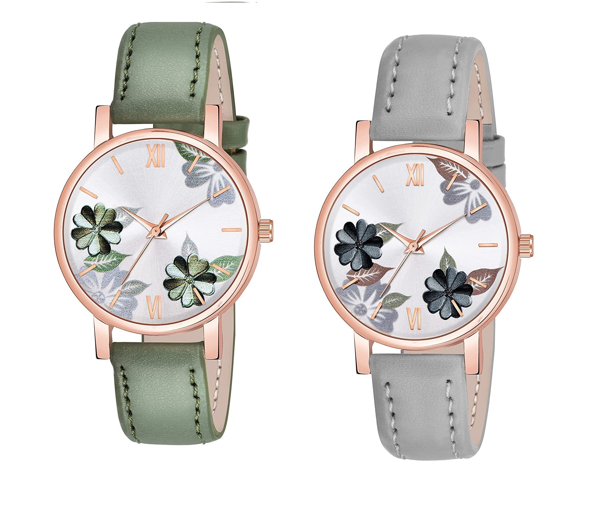 Watch City Analog Watch for Girls and Womens Flowered Dial Leather Strap (Combo) (Set of 2) Green Grey (B0BDZXYLJX) Amazon Price History, Amazon Price Tracker