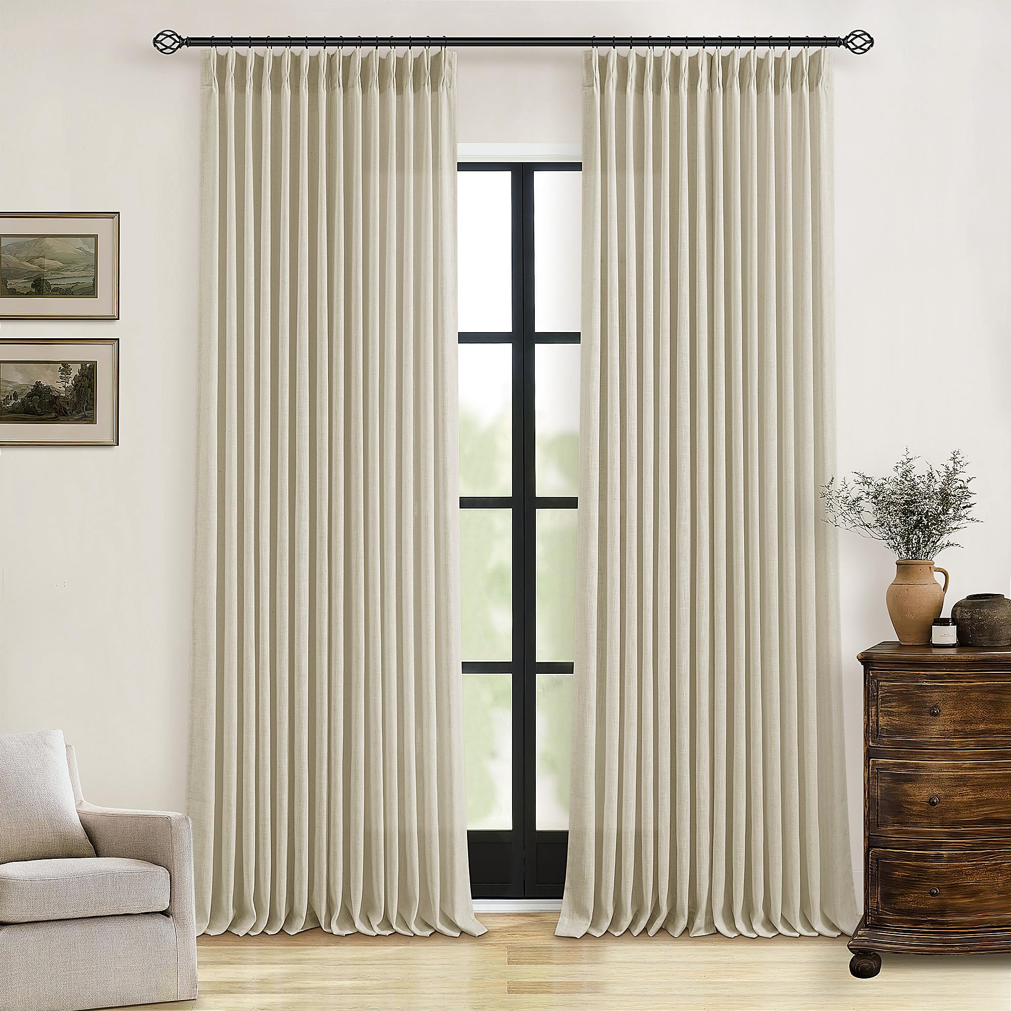 Photo 1 of 92 Inch Beige Linen Curtains 2 Panels Set Pinch Pleated for Living Room Bedroom Memory Training Shaped Semi Sheer Neutral Tan Flax Burlap Pleat Drapes Hooks Rings Light Filtering Window Curtain