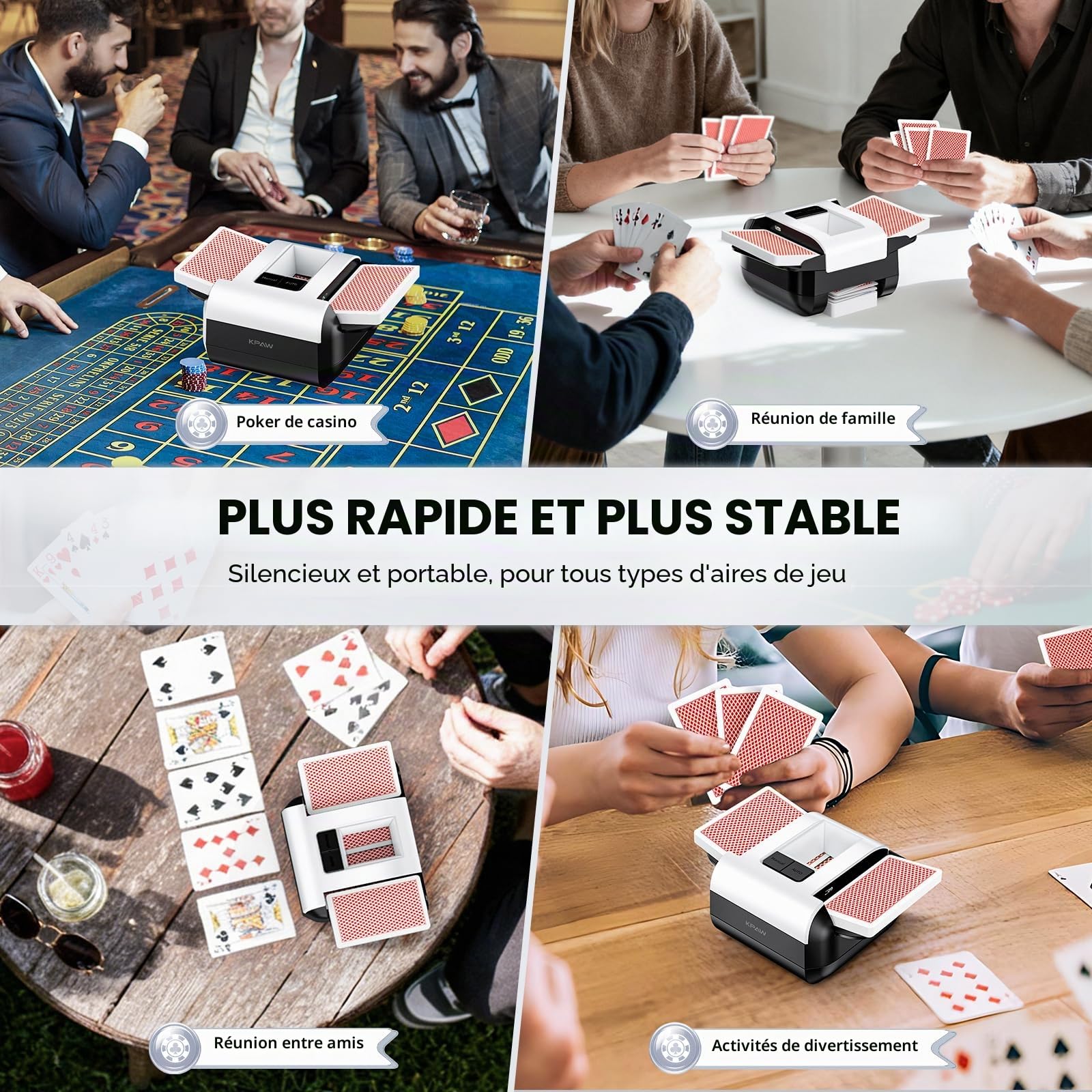 KPAW Mélangeur Automatique – 1 à 2 Bureaux, Batterie Rechargeable de 2000 mAh, opération en Une Pression, Portable et innovante, adaptée pour Les Jeux de Cartes à Domicile, Le Poker, Le Texas Hold'em